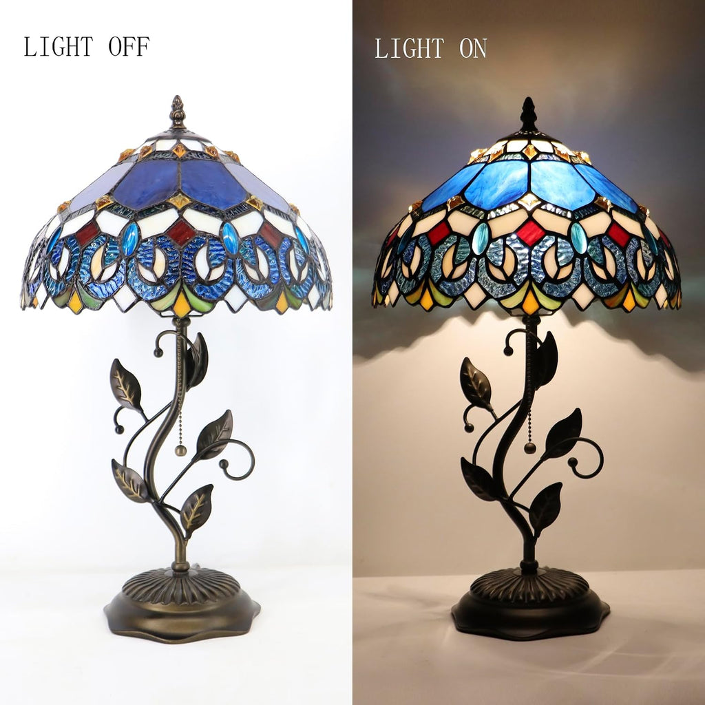 Tiffany Table Lamp, Stained Glass Style Desk Lamp, 12X12X19 Inch,Bedside Reading Light, Metal Leaf Base(Blue Baroque)