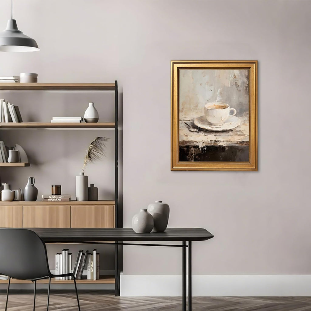 EQUEEN Vintage Coffee Cup Poster Kitchen Wall Art Farmhouse Wall Decor Rustic Painting Canvas Print For Kitchen Dining Room24x36inch Golden frame