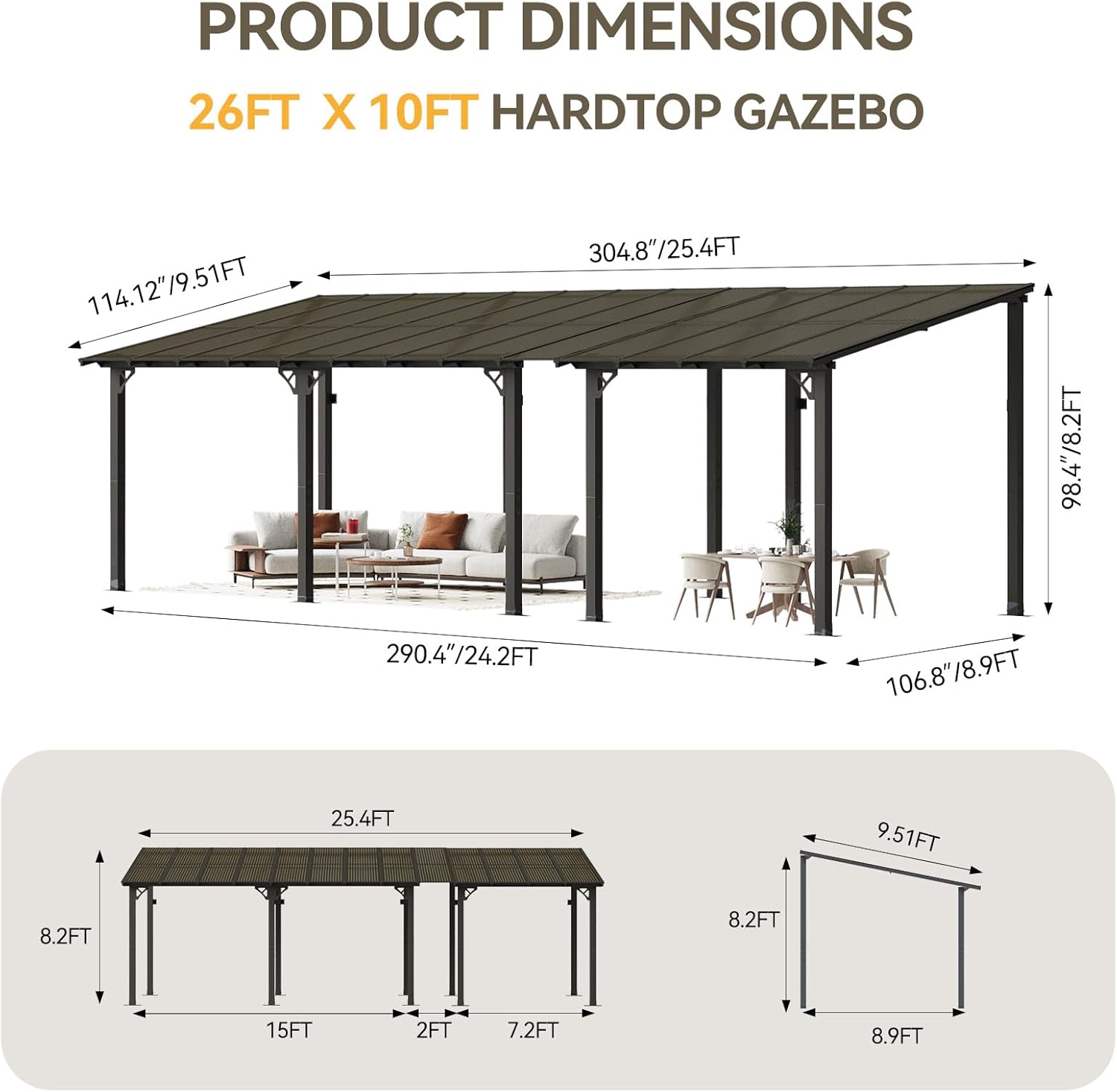 Aoxun 26' x 10' Pergola for Patio, Gazebo with Sloped Roof, Grill Pergola Large Wall-Mounted Heavy Duty Awnings, for Backyard, Deck, Patio