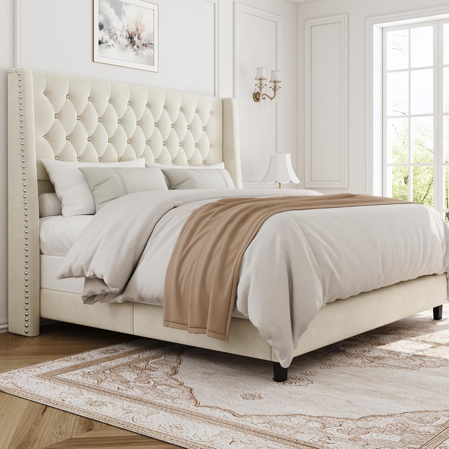 Queen Bed Frame with 55' Tall Headboard, Upholstered Bed Frames, Soft Fabric, Button Tufted Headboard with Windback, Platform Bed, Noise-Free, No Box Spring Needed, Beige