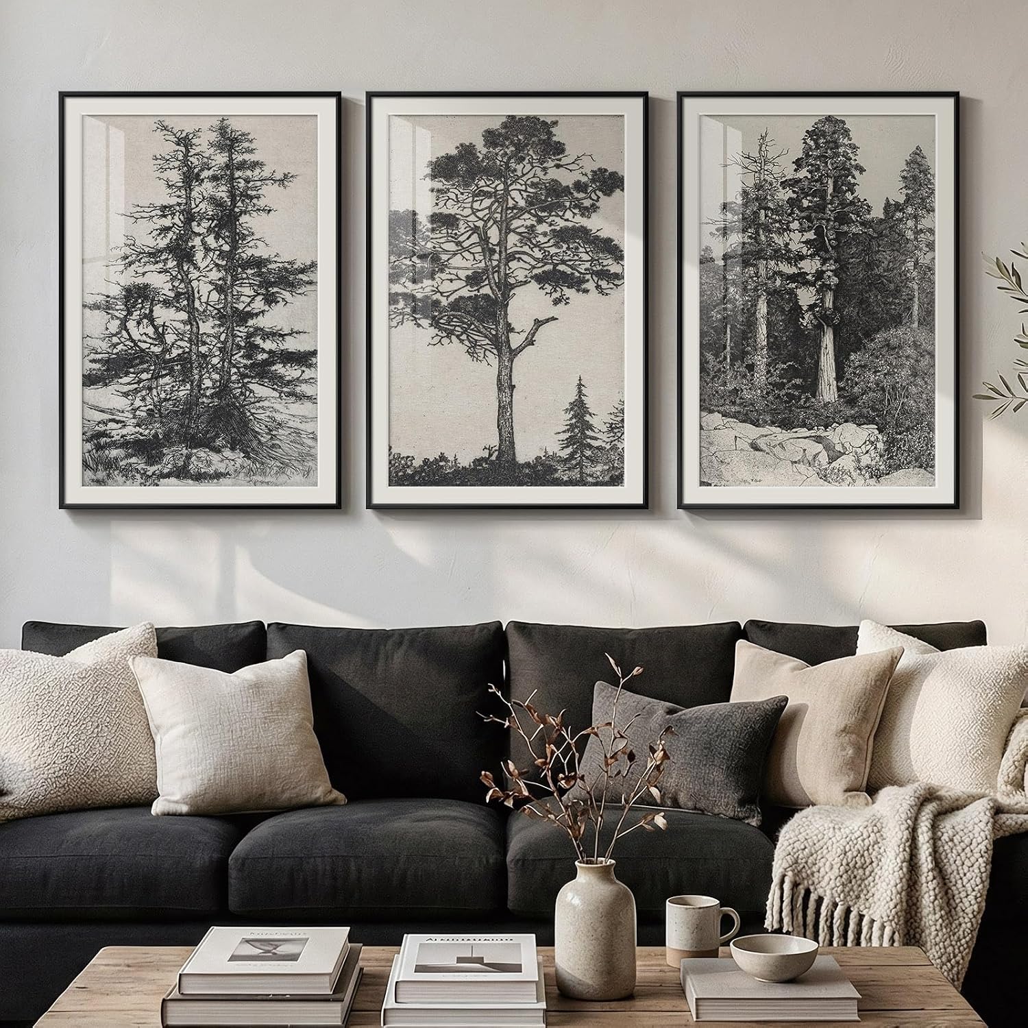 Large Framed Vintage Wall Art for Living Room, Black and White Tree 3 Piece Artwork for Walls, Modern Classic Rustic Sketch Forest Botanical Canvas Painting Prints for Office Wall Decor 24x36 In