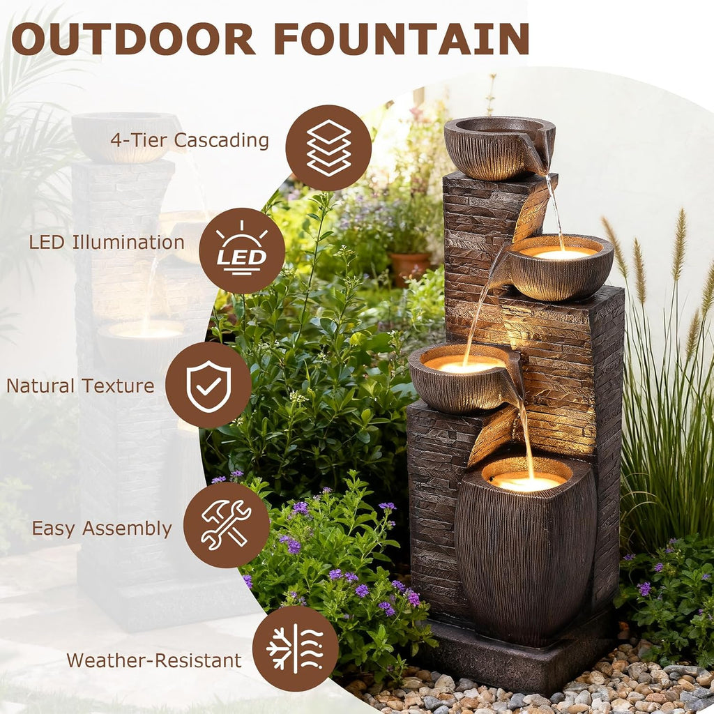 38.2' Tall Water Fountain Outdoor Garden,4 Tiers Modern Cascading Bowls and Stacked Stones Indoor Fountains with LED Lights for Patio, Deck, Porch, Backyard and Home Art Decor(Reddish-Brown