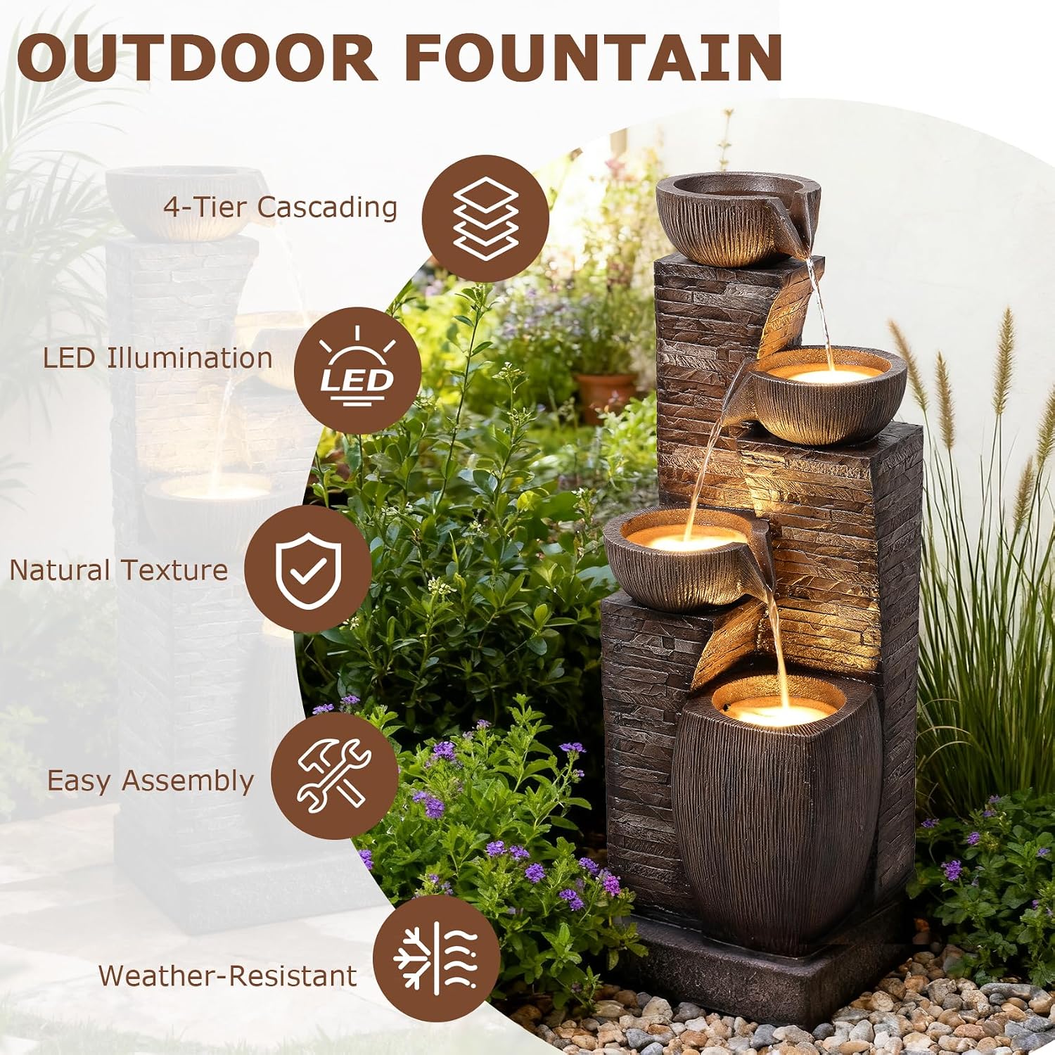 38.2' Tall Water Fountain Outdoor Garden,4 Tiers Modern Cascading Bowls and Stacked Stones Indoor Fountains with LED Lights for Patio, Deck, Porch, Backyard and Home Art Decor(Reddish-Brown
