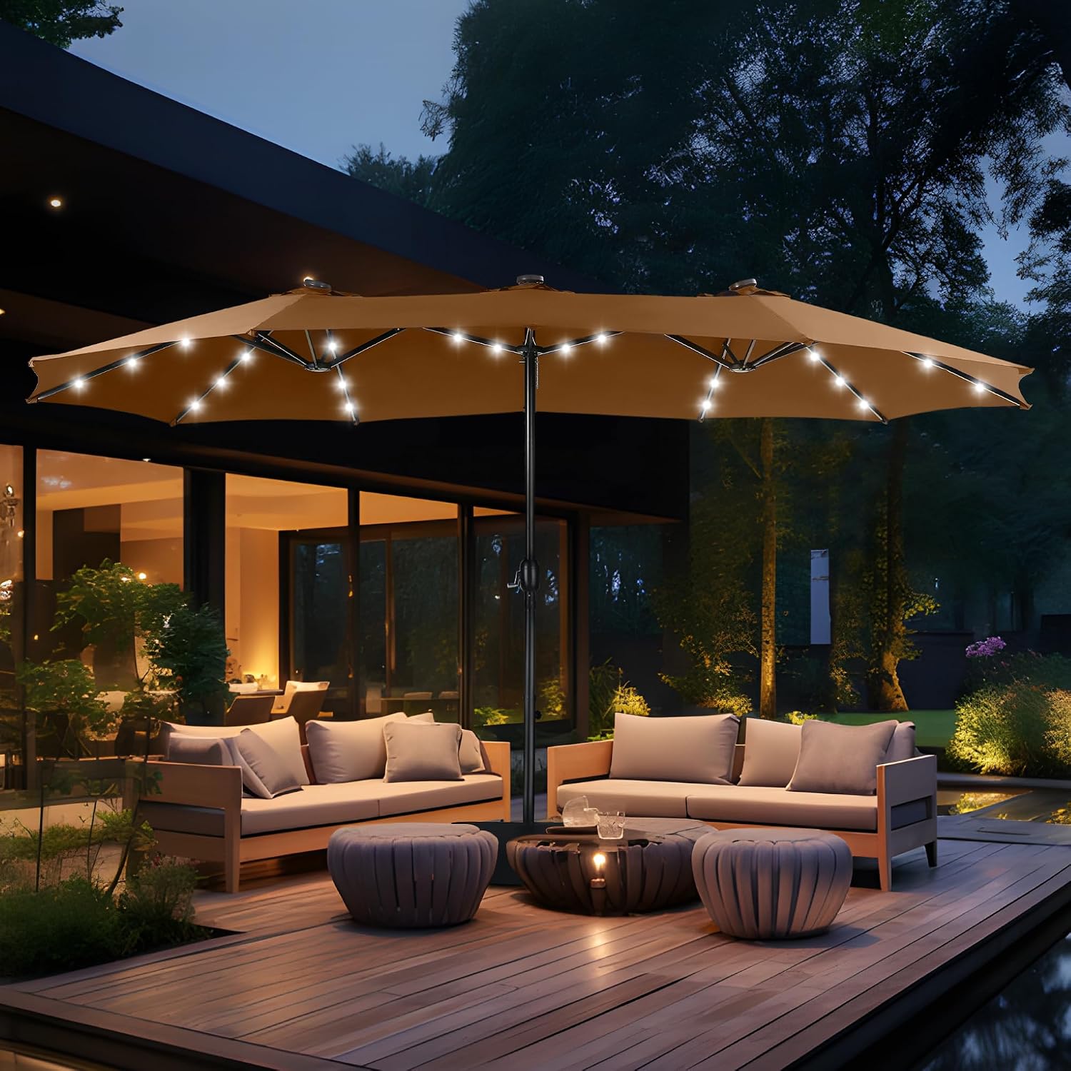MFSTUDIO 15ft Double Sided Patio Umbrella with Solar Lights, Outdoor Large Umbrellas with Crank Handle and 36 LED Lights, Rectangular Market Umbrella with Base Included for Deck Pool Shade, Tawny