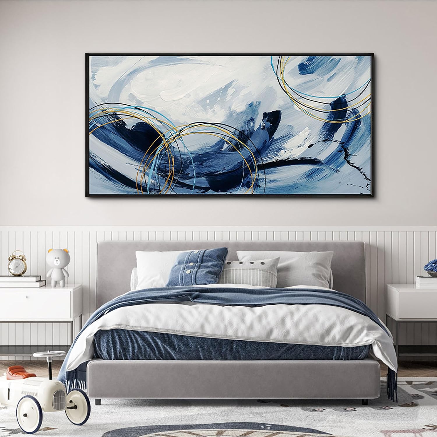 yiijeah Large Wall Art - Abstract Canvas Painting for Living Room Decor Modern Art Work for Wall Giant Gray Paint Office Bedroom Blue and White Home Decor
