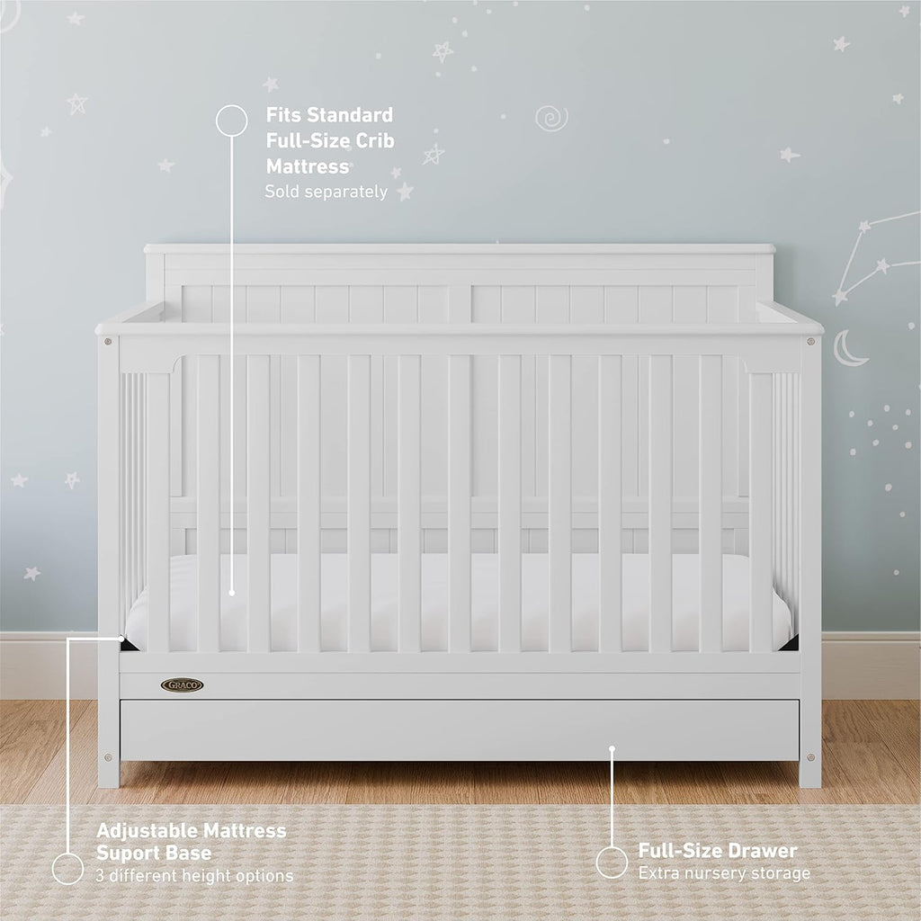 Graco Hadley 5-in-1 Convertible Crib with Drawer – GREENGUARD Gold Certified, Fits Standard Crib Mattress, Converts to Toddler Bed, Daybed and Full Bed, 4 Adjustable Mattress Heights (White)