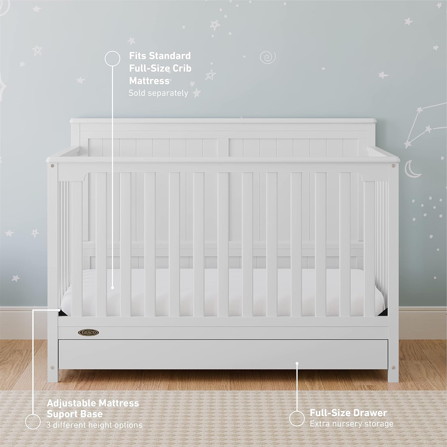 Graco Hadley 5-in-1 Convertible Crib with Drawer – GREENGUARD Gold Certified, Fits Standard Crib Mattress, Converts to Toddler Bed, Daybed and Full Bed, 4 Adjustable Mattress Heights (White)