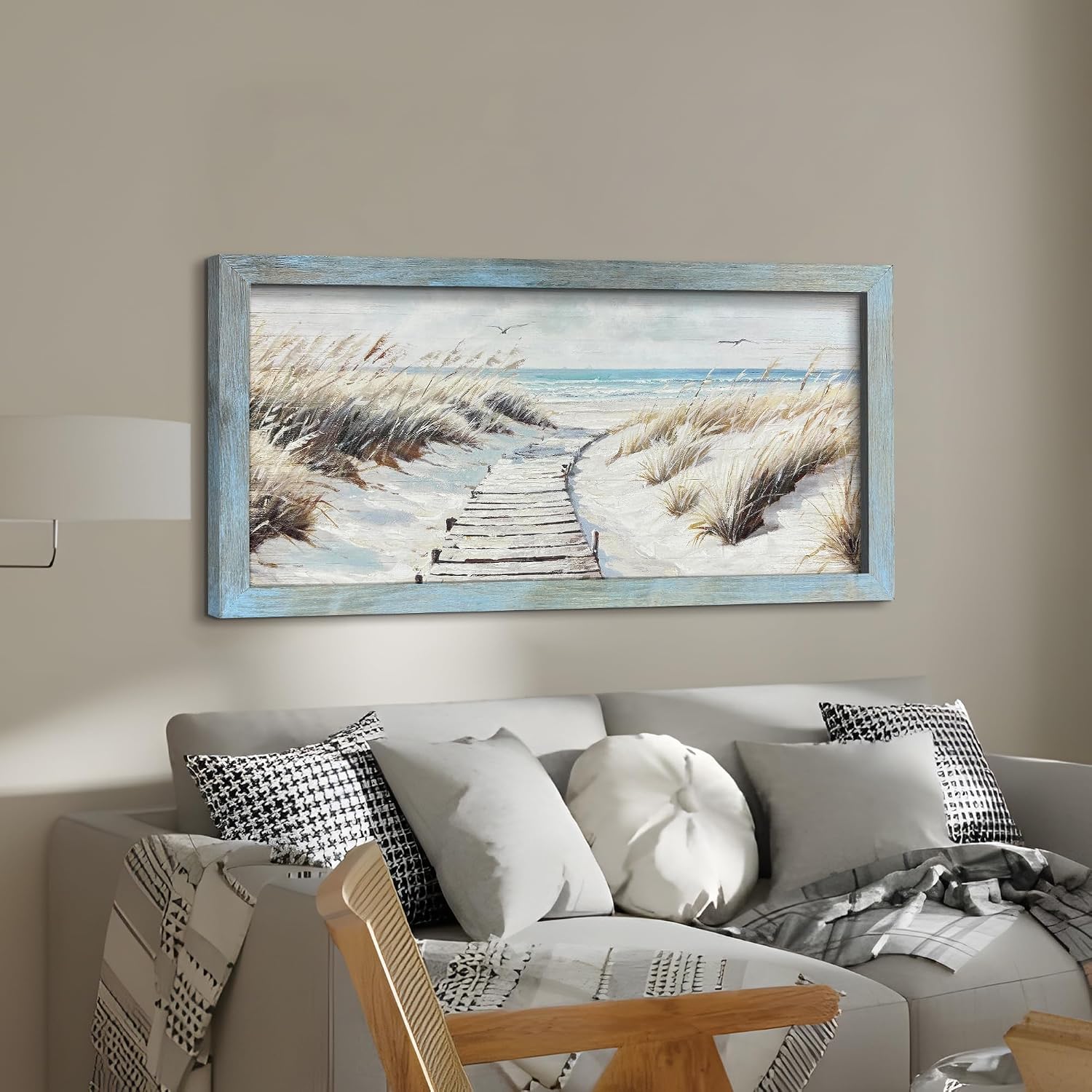 cozy country Coastal Wall Art Picture - Dynamic Beach Painting with Sand Dunes and Ocean Sky for Bathroom Living Room 48'x24'