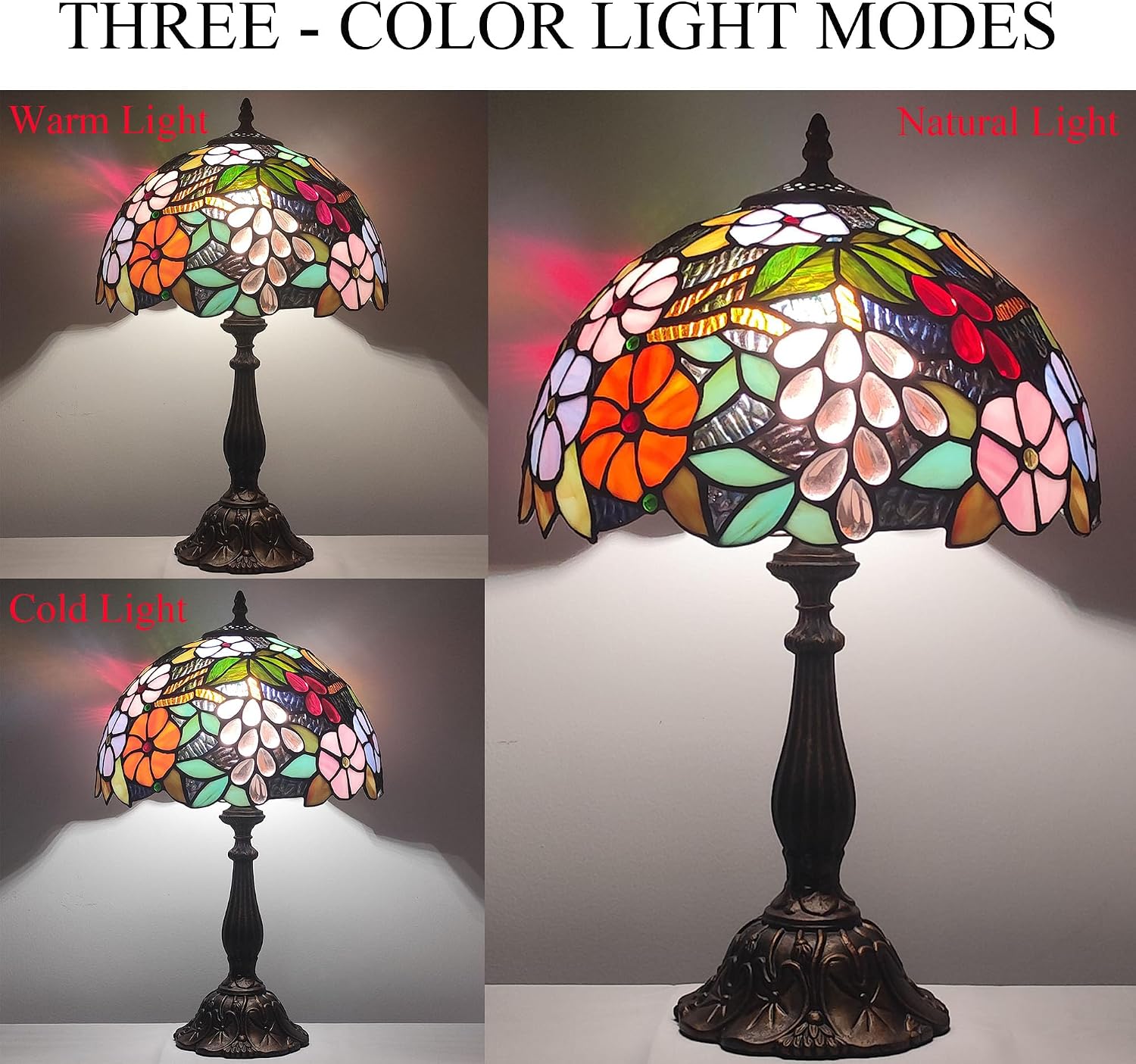 Tiffany 3-Color Stained Glass Lamp - Vintage Beside Reading Lamp, 12 inch Living Room Light, Flowers Style Antique Nightstand Light (Grapes Flowers)