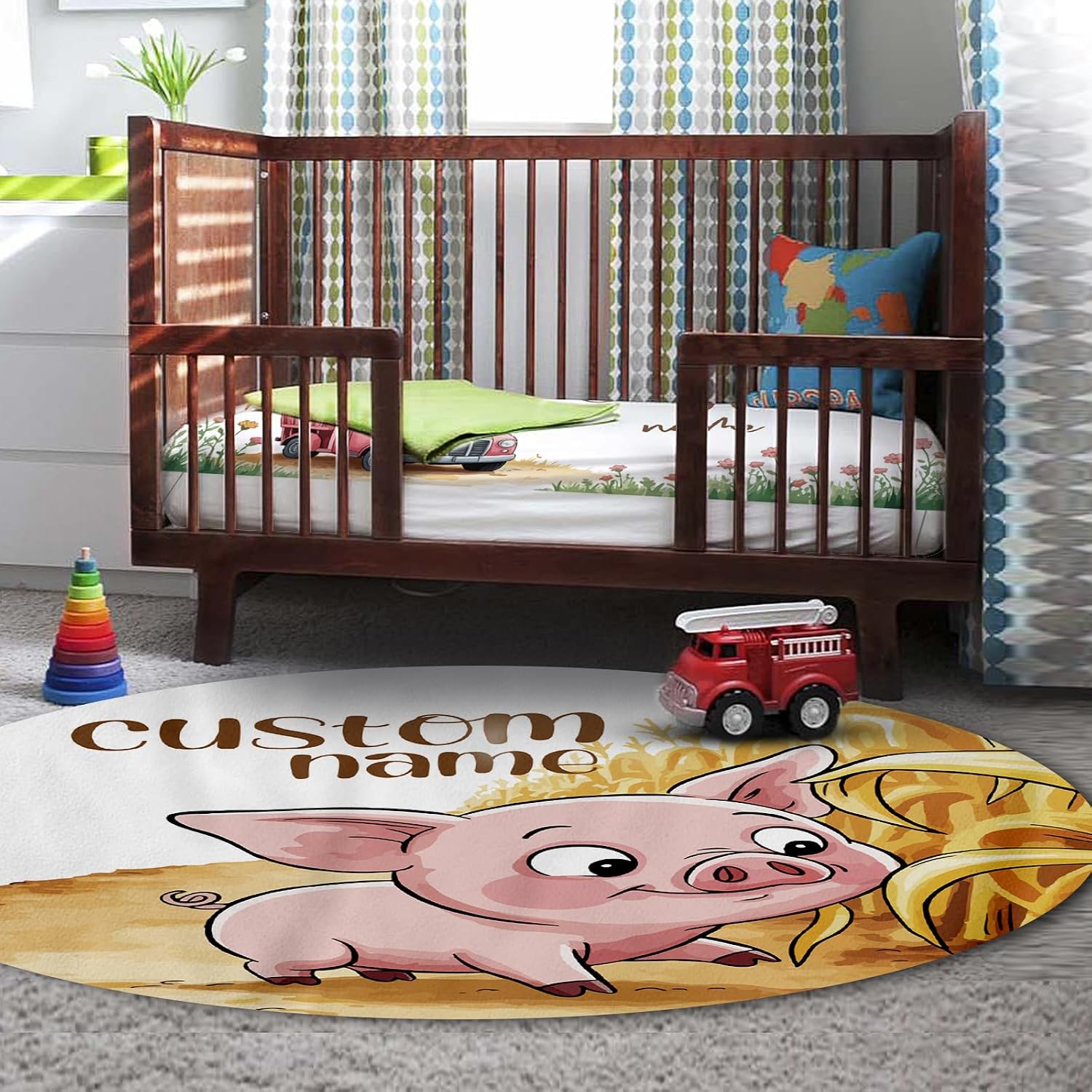 Personalized Crib Bedding Set for Baby Boys Girls, Piglet Pattern Custom Name Baby Crib Sets 5-Pcs, Double Layer Baby Blanket Fitted Sheet Changing Pad Cover Rug Wall Art Set