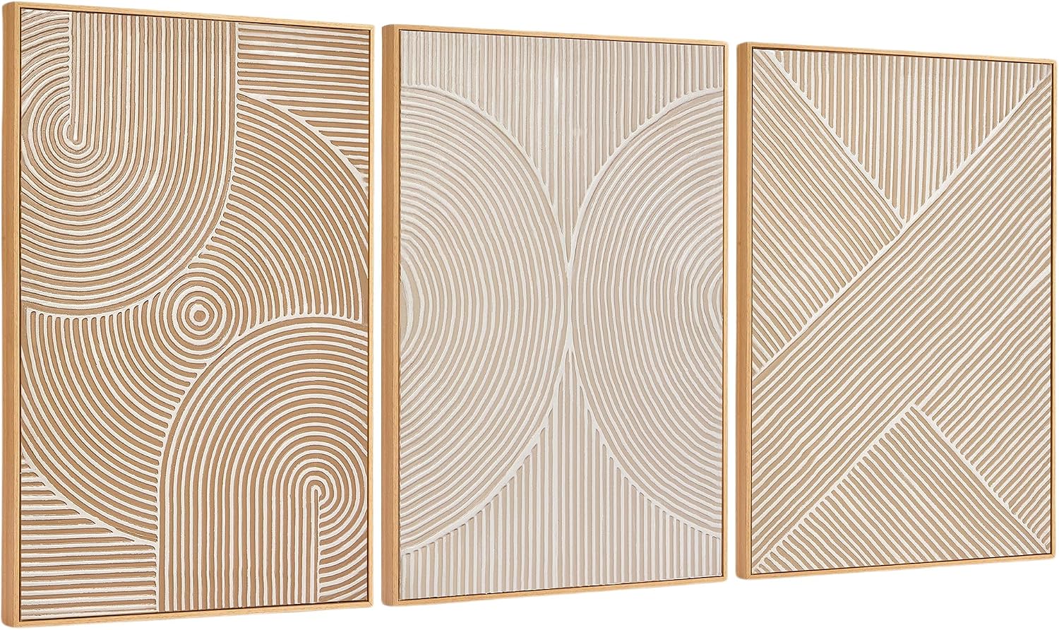 Zessonic Neutral Minimalist Textured 3D Wall Art Abstract Hand-Painted Framed Wall Decor Geometric Artwork Canvas Paintings- Living Room Bedroom Office - Modern Boho Neutral Line 16'x24' 3 piece