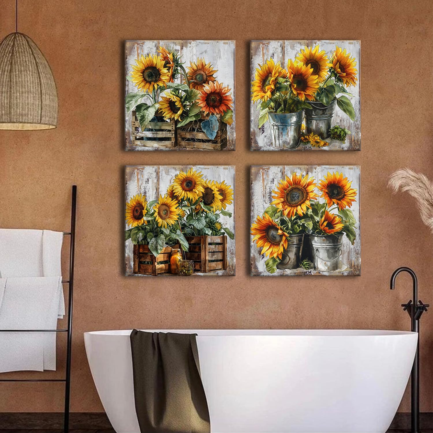 Rustic Sunflower Canvas Wall Art Farmhouse Kitchen Wall Decor Dining Room Picture Vintage Bouquet Posters Prints for Wall Paintings Sunshine Floral Artwork Autumn Home Decorations 24x24' 4Pcs/Set
