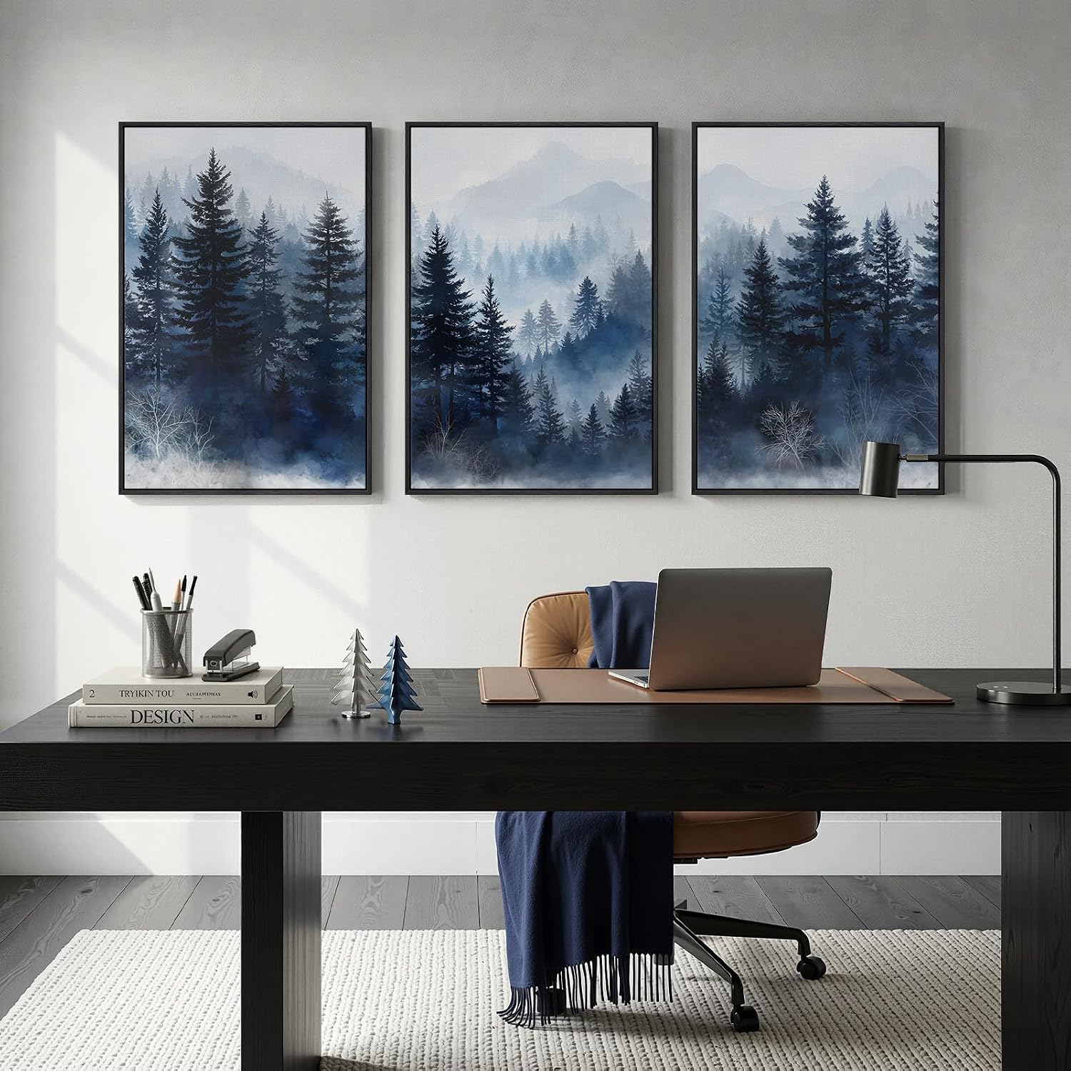 Framed Blue Forest Mountain Wall Art for Living Room, Misty Pine Tree Nature Landscape Canvas Artwork for Walls, Neutral Foggy Forest Scenic Painting Prints for Bedroom Office Wall Decor, 24x36 Inch