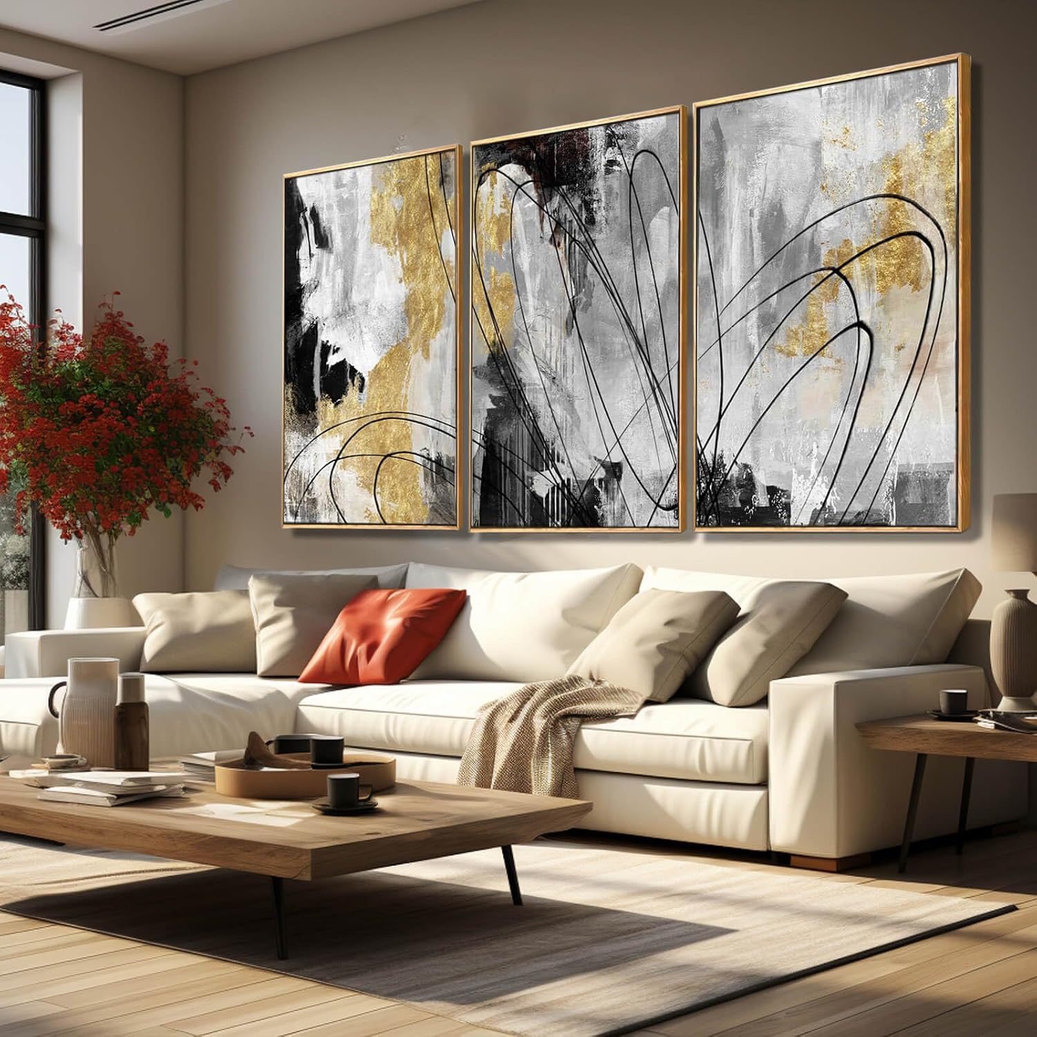 YJYart Gold Wall Art Abstract Wall Art Living Room Decor Black and White Canvas Picture Home Decor Wooden Frame Line Paintings Modern Artwork Office Decor 24'x 36'x 3 Pieces