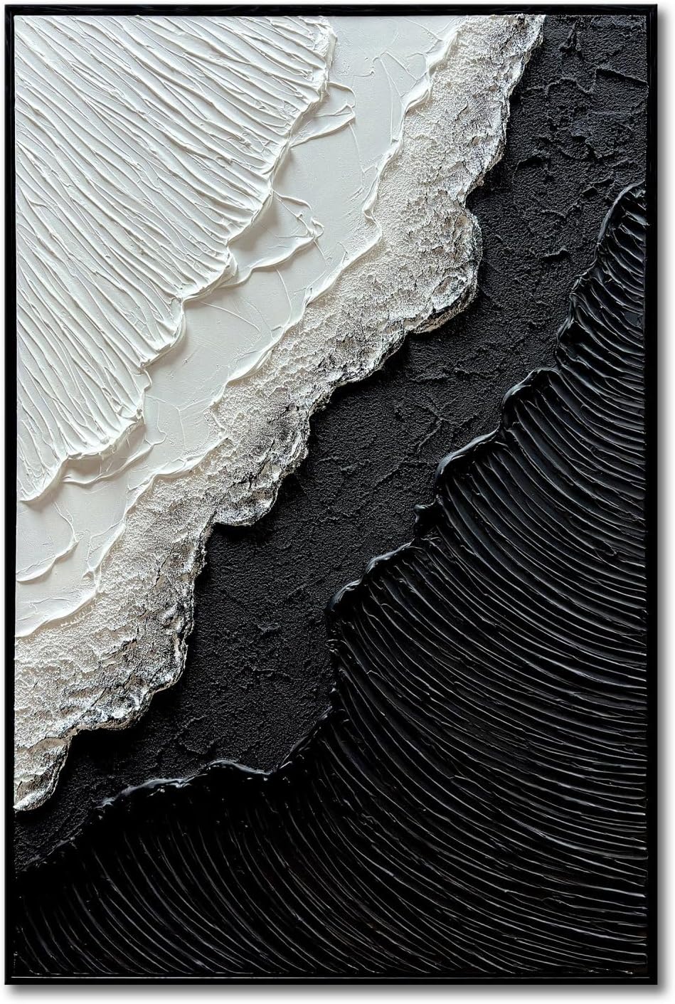 Framed Black and White Ocean Wave Wall Art, Modern Abstract Textured Paintings on Canvas, Relief Wall Art for Living Room Bedroom Wall Decor