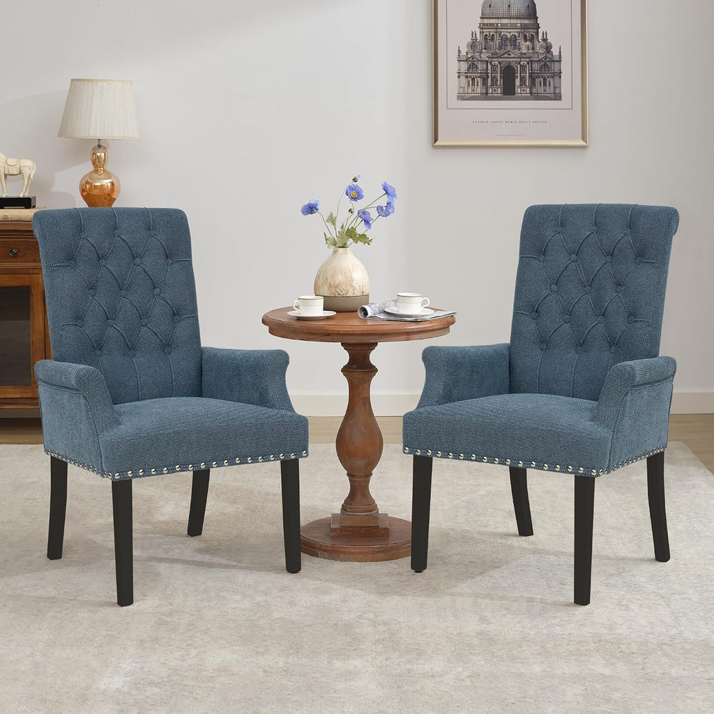 LOULENS Fabric Dining Chairs, Upholstered Tufted Armrest Chairs, Accent Chairs with Nailhead Trim, Black Solid Wood Legs for Home, Kitchen Living Room, Light Blue