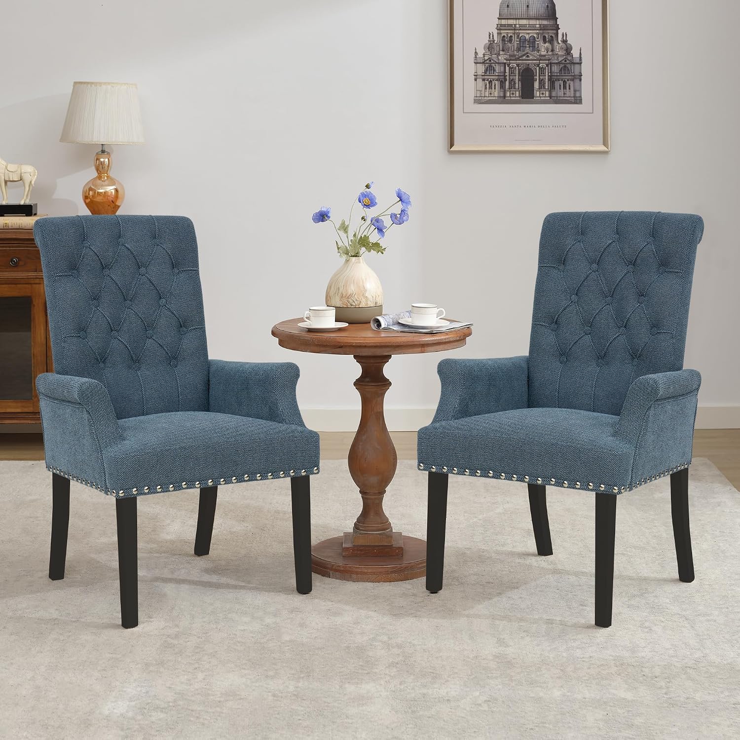 LOULENS Fabric Dining Chairs, Upholstered Tufted Armrest Chairs, Accent Chairs with Nailhead Trim, Black Solid Wood Legs for Home, Kitchen Living Room, Light Blue