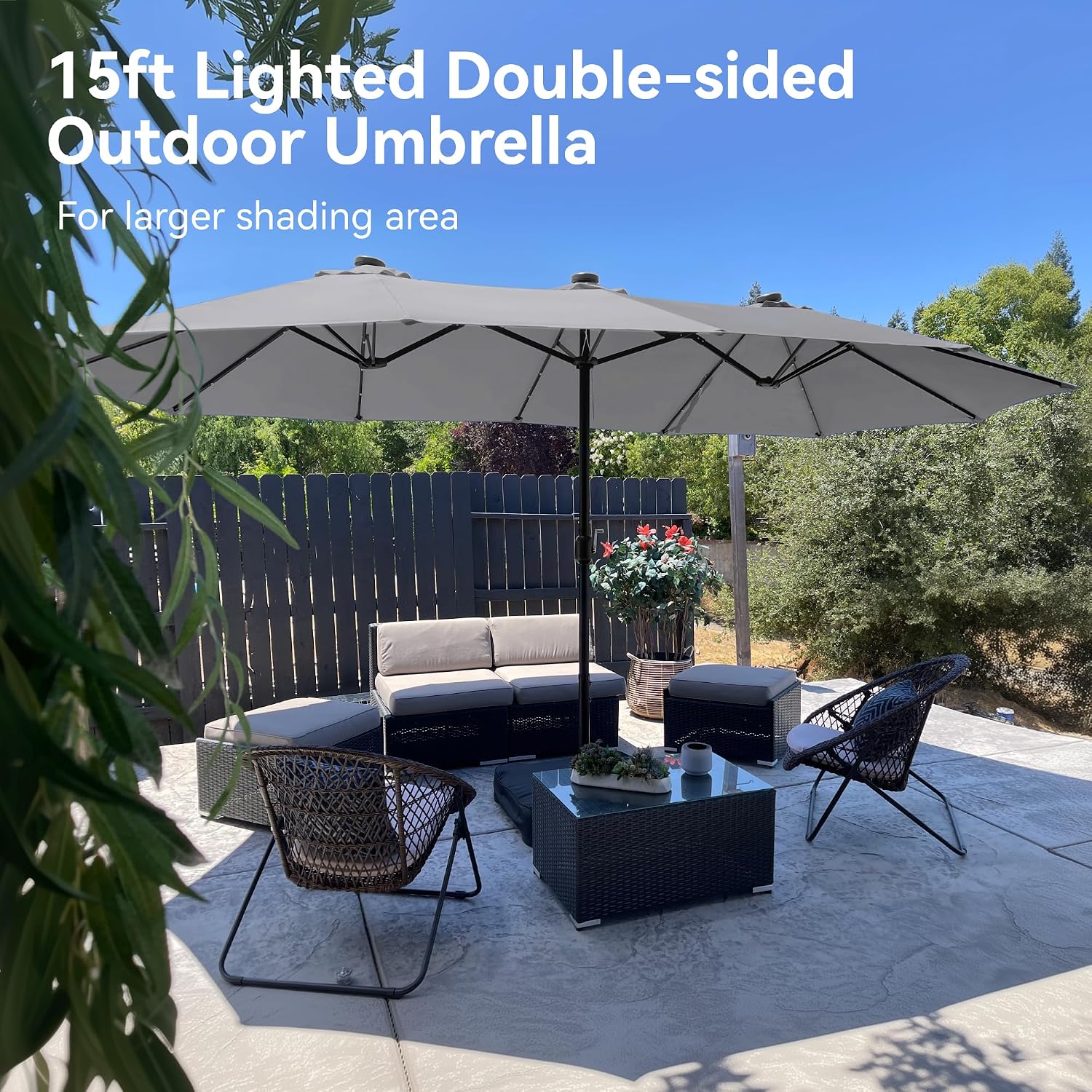 PHI VILLA 15ft Large Patio Umbrella with Solar Lights, Double-Sided Outdoor Market Rectangle Umbrellas with 36 LED Lights, Umbrella Base (Stand) Included, Light Grey