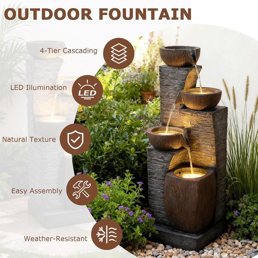 38.2' Tall Water Fountain Outdoor Garden,4 Tiers Modern Cascading Bowls and Stacked Stones Indoor Fountains with LED Lights for Garden, Patio, Deck, Porch, Backyard and Home Art Decor(Grey)