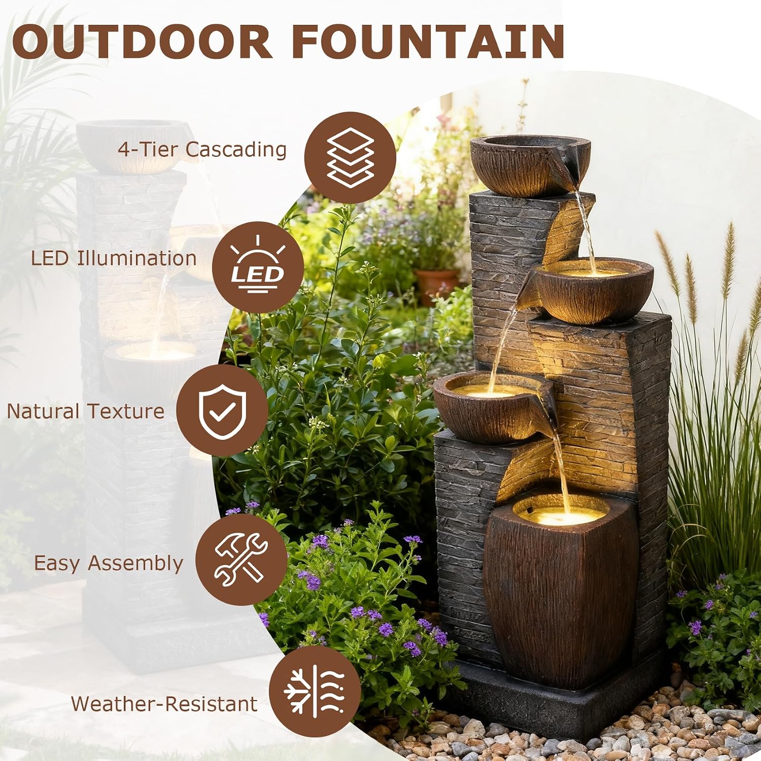 38.2' Tall Water Fountain Outdoor Garden,4 Tiers Modern Cascading Bowls and Stacked Stones Indoor Fountains with LED Lights for Garden, Patio, Deck, Porch, Backyard and Home Art Decor(Grey)