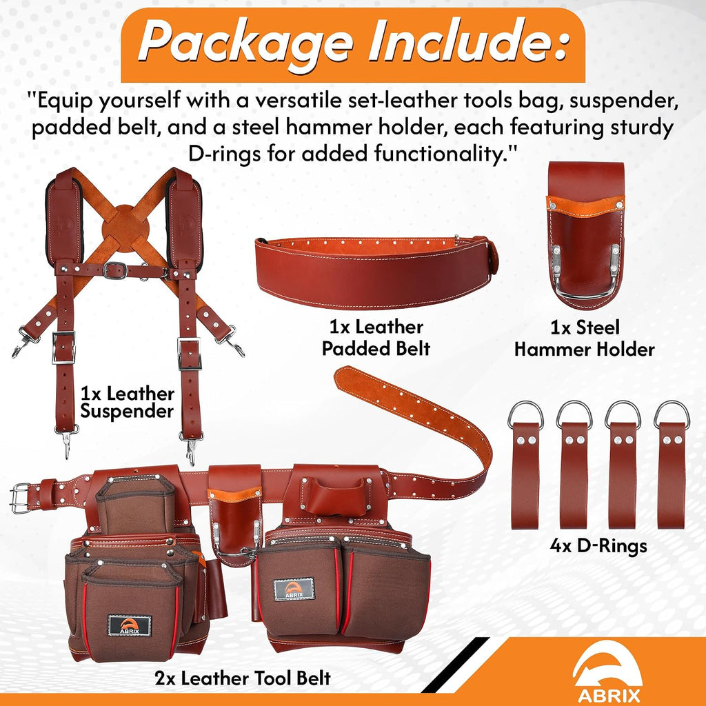 ABRIX Heavy Duty Tool Belt – 4MM Genuine Leather & Ballistic Nylon, Brass Buckle & Rivets, EVA Sheet Reinforced Lining, Foam Padded Comfort Framing Rig & Carpenter Tool Belt with Suspender | 28 Pocket