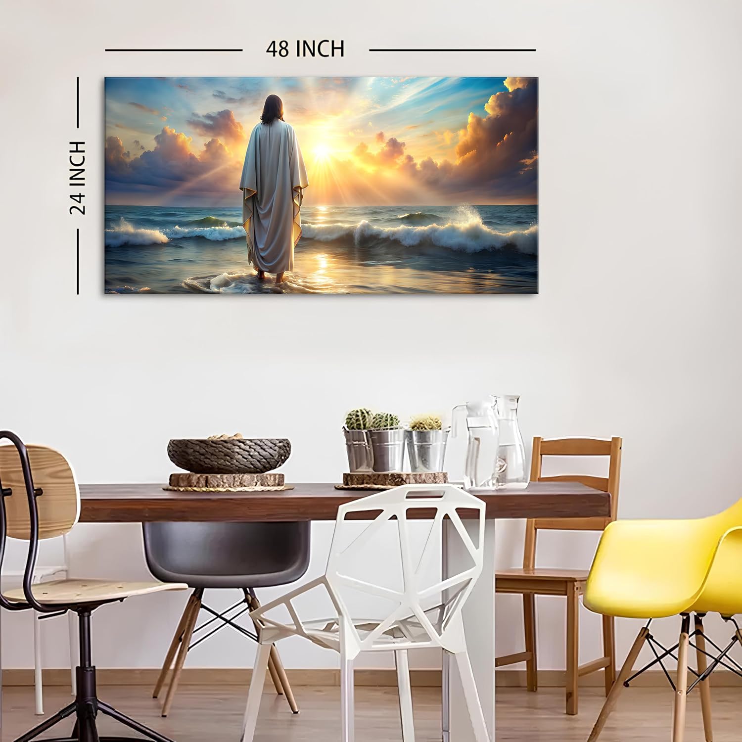 Large Jesus Canvas Wall Art Jesus Walking on Water Wall Decor for Living Room Office Inspirational Christian Picture Prints Sunset Ocean Coastal Painting Religious Poster Artwork Decorations 24x48'