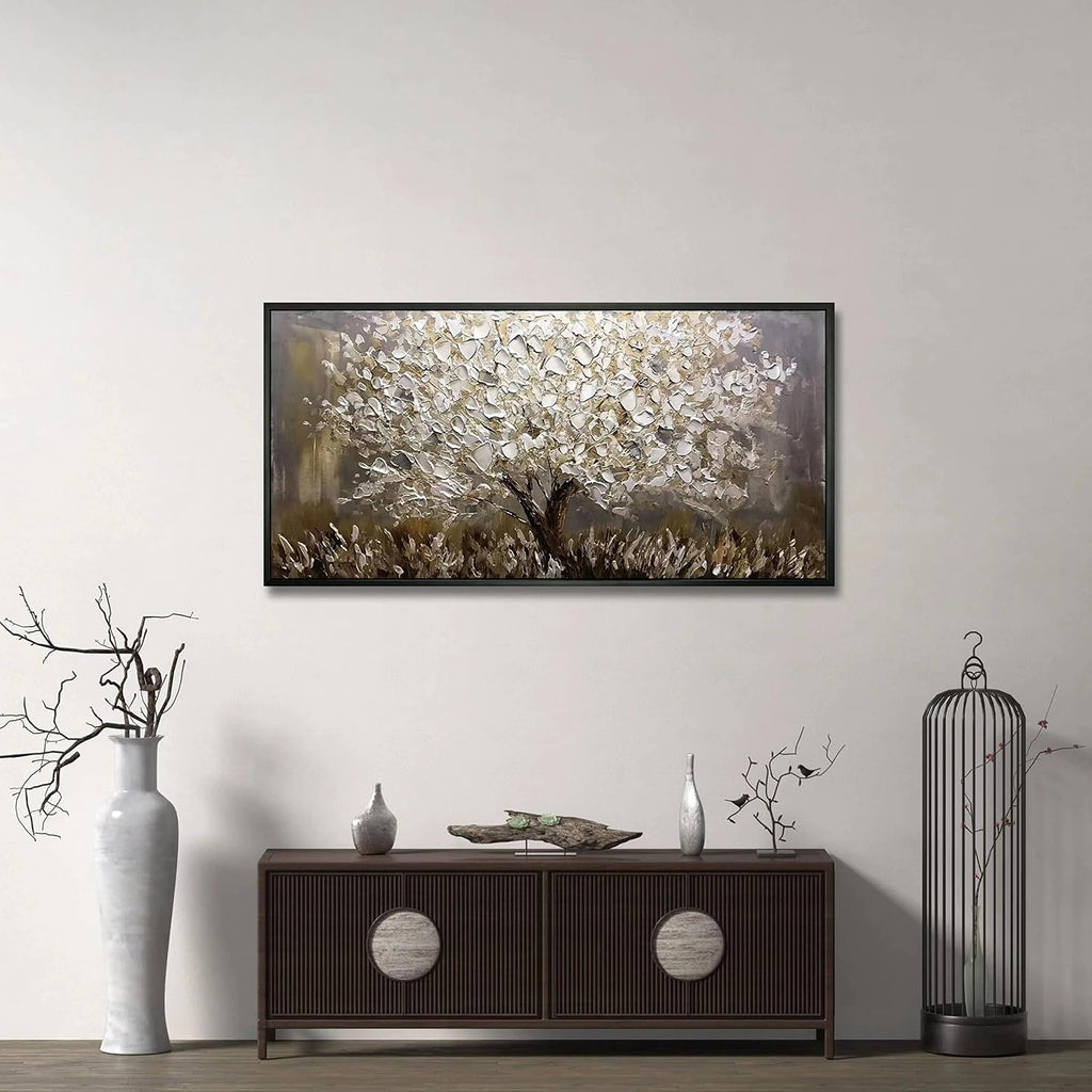 Boiee Art,24x48Inch Textured Hand Painted Silver Gray Wall Art Landscape Canvas Artwork 3D Abstract Money Tree Oil Paintings with Black Polystyrene Frame Modern Home Wall Decor Art