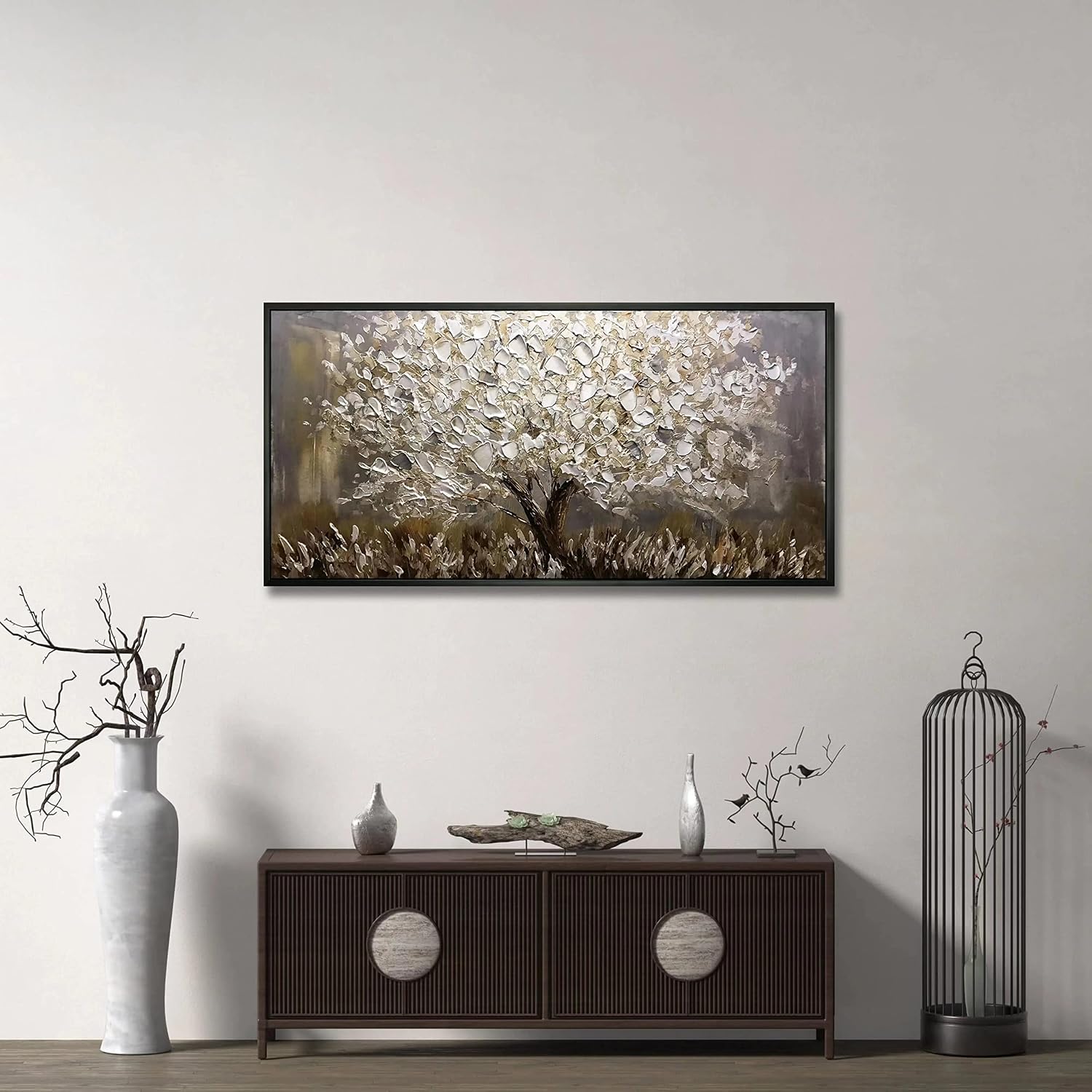 Boiee Art,24x48Inch Textured Hand Painted Silver Gray Wall Art Landscape Canvas Artwork 3D Abstract Money Tree Oil Paintings with Black Polystyrene Frame Modern Home Wall Decor Art