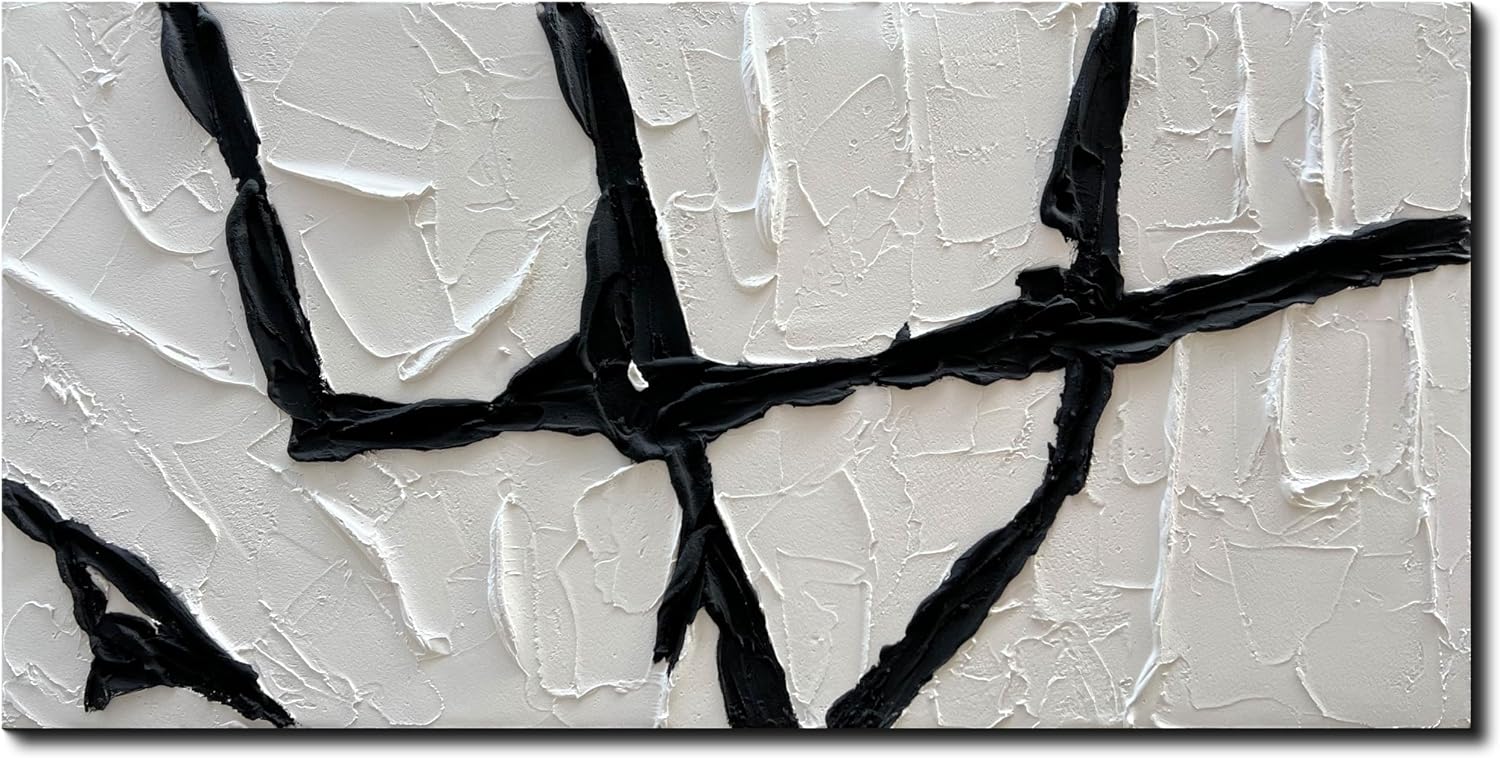 Creespi Hand Painted Black and White Thick Texture Oil Painting On Canvas,Modern Minimalist Abstract Wall Art for Home Decor 24x48 inch