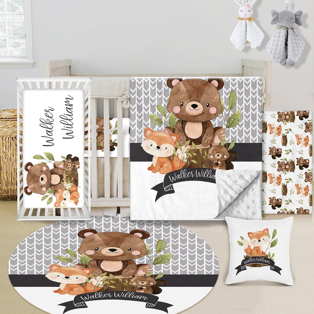 Custom Baby Crib Bedding Set - 5 Piece Nursery Crib Set Woodland Animals Design - Personalized Name Blanket with Dotted Backing, Crib Sheet, Changing Pad Cover, Pillow Cover, Rug for Newborns Color06