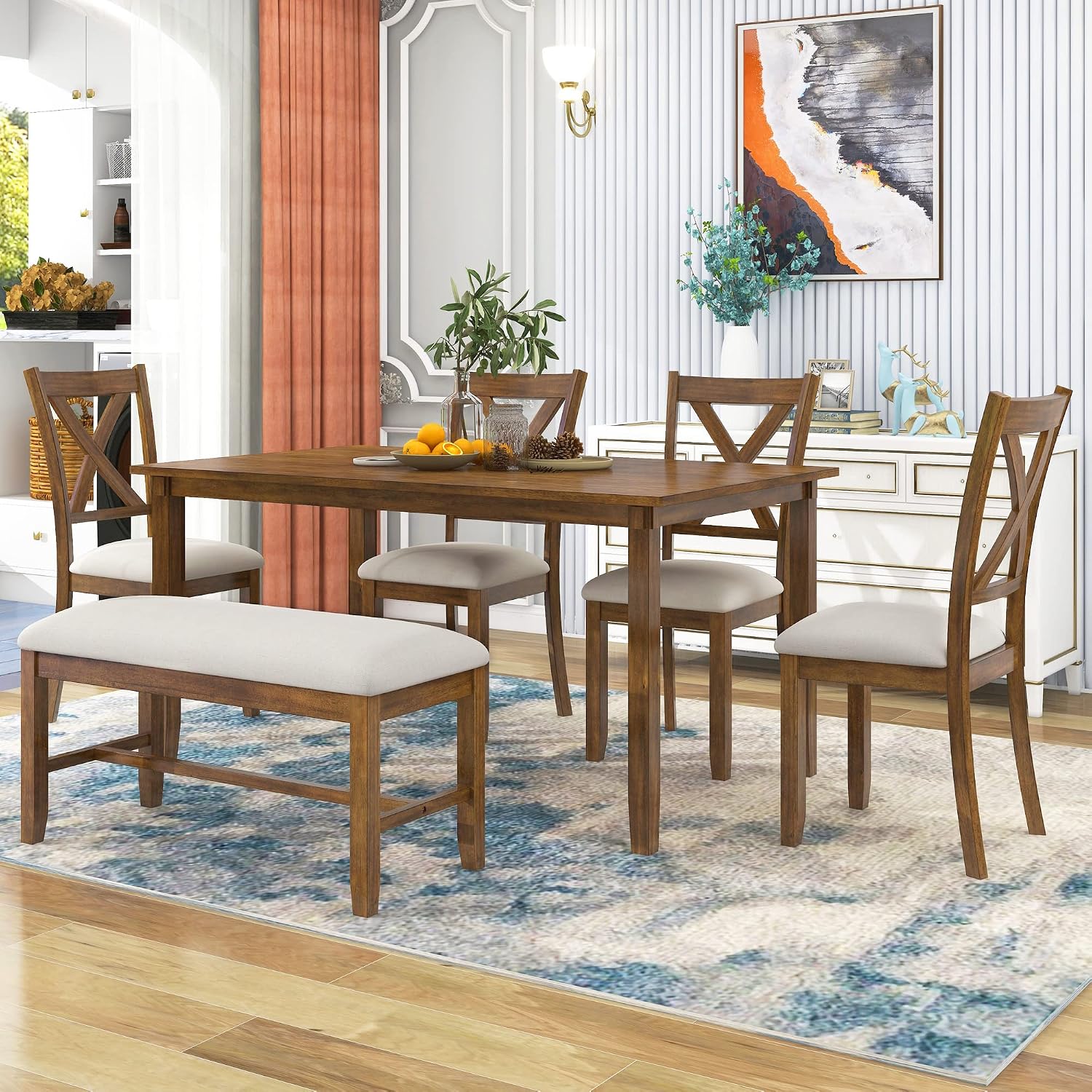 6-Piece Dining Room Table Set, Rustic Farmhouse Wood Dining Table Set with Rectangular Table 4 Upholstered Padded Chairs and 1 Padded Bench, Dining Set for Family of 4-6 People