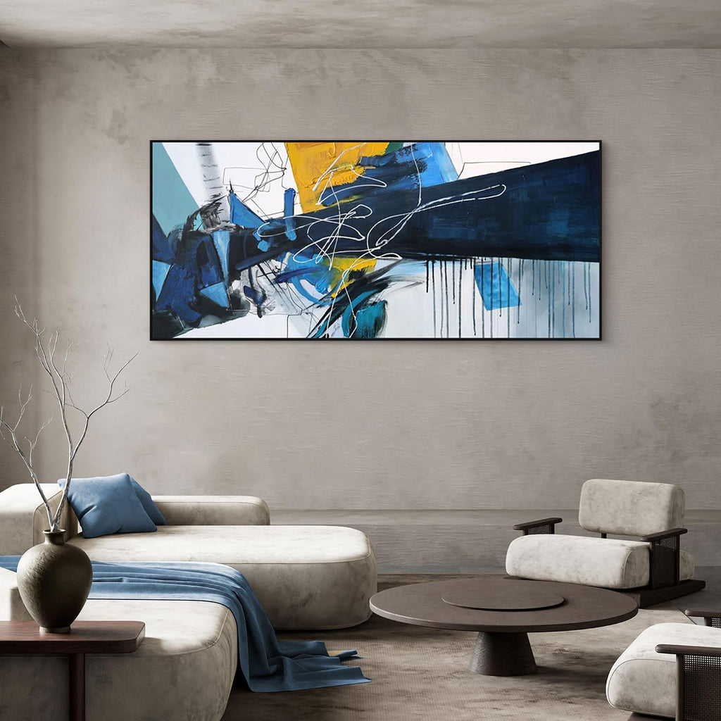 KLAKLA Wall Art for Living Room - Blue Abstract Canvas Pictures Framed Artwork for walls Extra Large Prints for Bedroom Above the Bed Decor 70x31 Inches