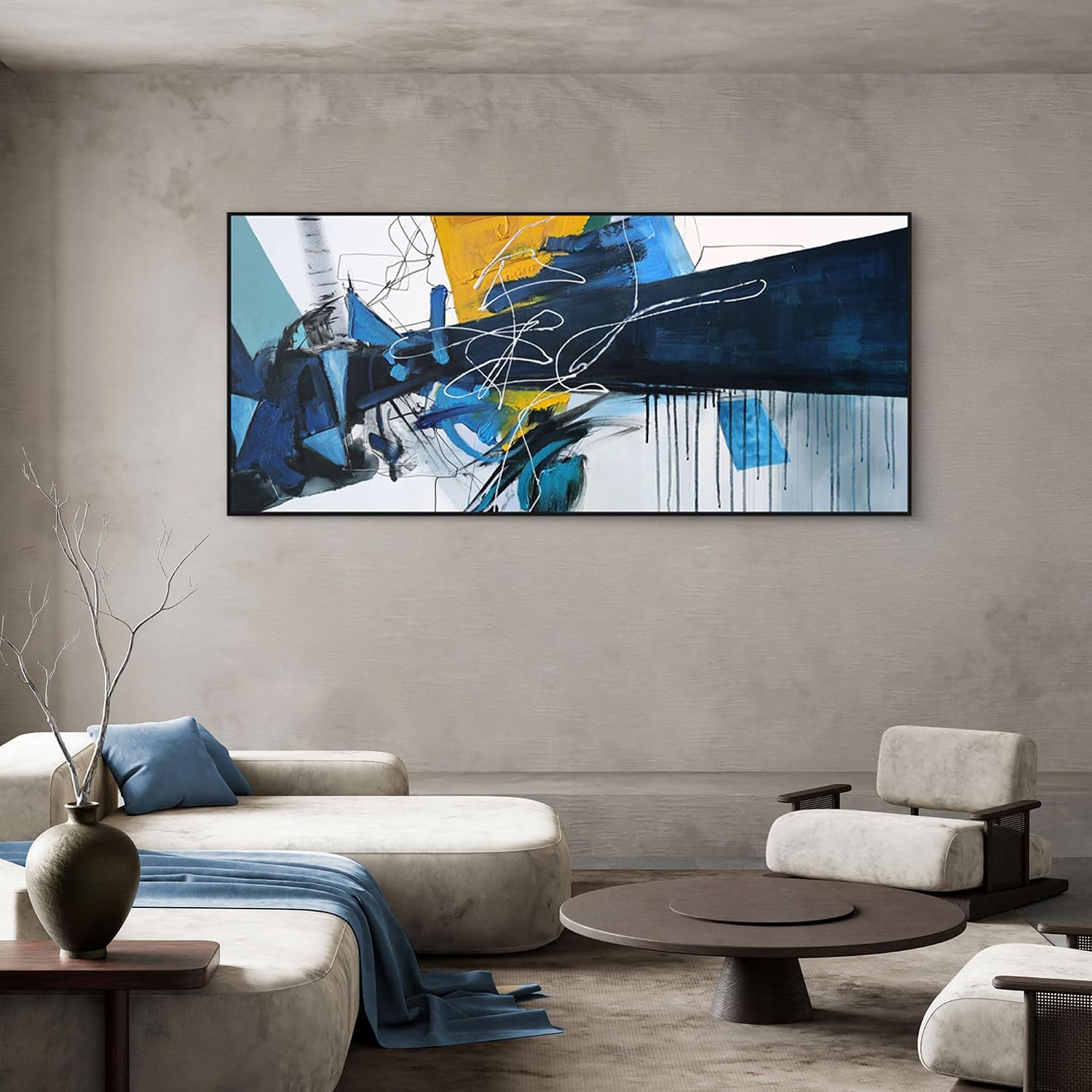 KLAKLA Wall Art for Living Room - Blue Abstract Canvas Pictures Framed Artwork for walls Extra Large Prints for Bedroom Above the Bed Decor 70x31 Inches