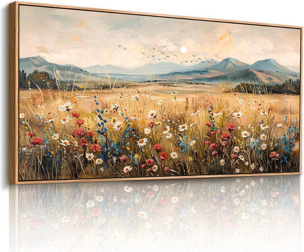 imjiayu Extra Large Wall Art, Landscape Wall Art, Rustic Wall Decor, Country Wildflowers Framed Art Prints, Neutral Oversized Paintings for Living Room Dining Room Farmhouse Home Decoration 29'x57'