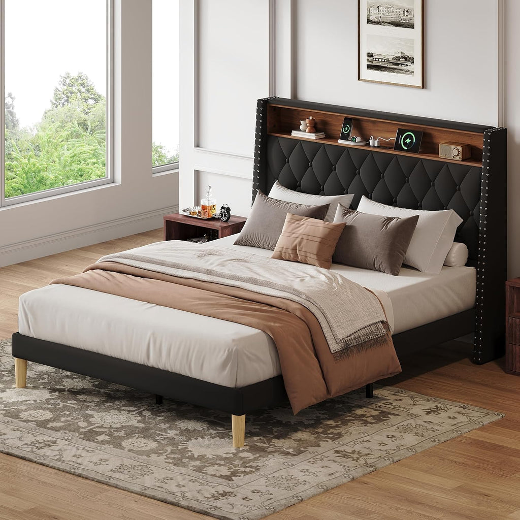 WLIVE Queen Size Upholstered Bed Frame with 48'' Tall Wingback Headboard, Velvet Square Tufted Platform Beds with Charging Station, Sturdy Metal & Wooden Slats Support, Black
