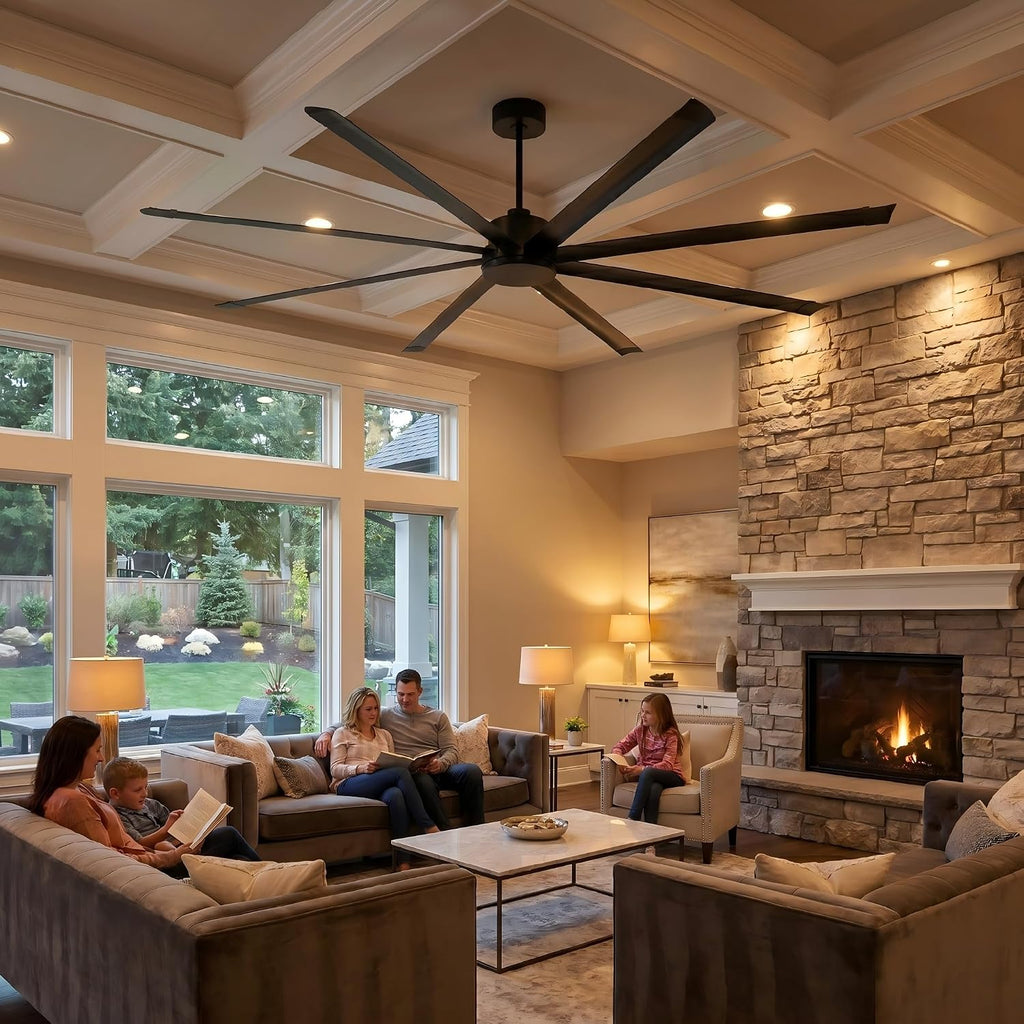120 Inch Ceiling Fans Industrial Black Big Ceiling Fans without Lights, Remote Control, Quiet Reversible DC Motor Outdoor Ceiling Fans, 8 Aluminum Blades, 10 ft Commercial Fans for Shop Gym Warehouse