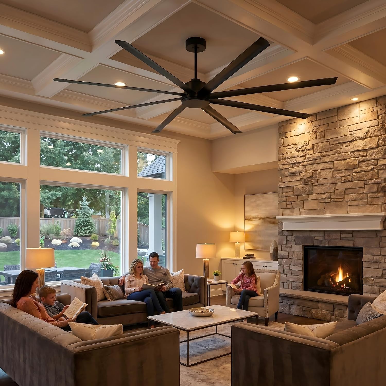 120 Inch Ceiling Fans Industrial Black Big Ceiling Fans without Lights, Remote Control, Quiet Reversible DC Motor Outdoor Ceiling Fans, 8 Aluminum Blades, 10 ft Commercial Fans for Shop Gym Warehouse