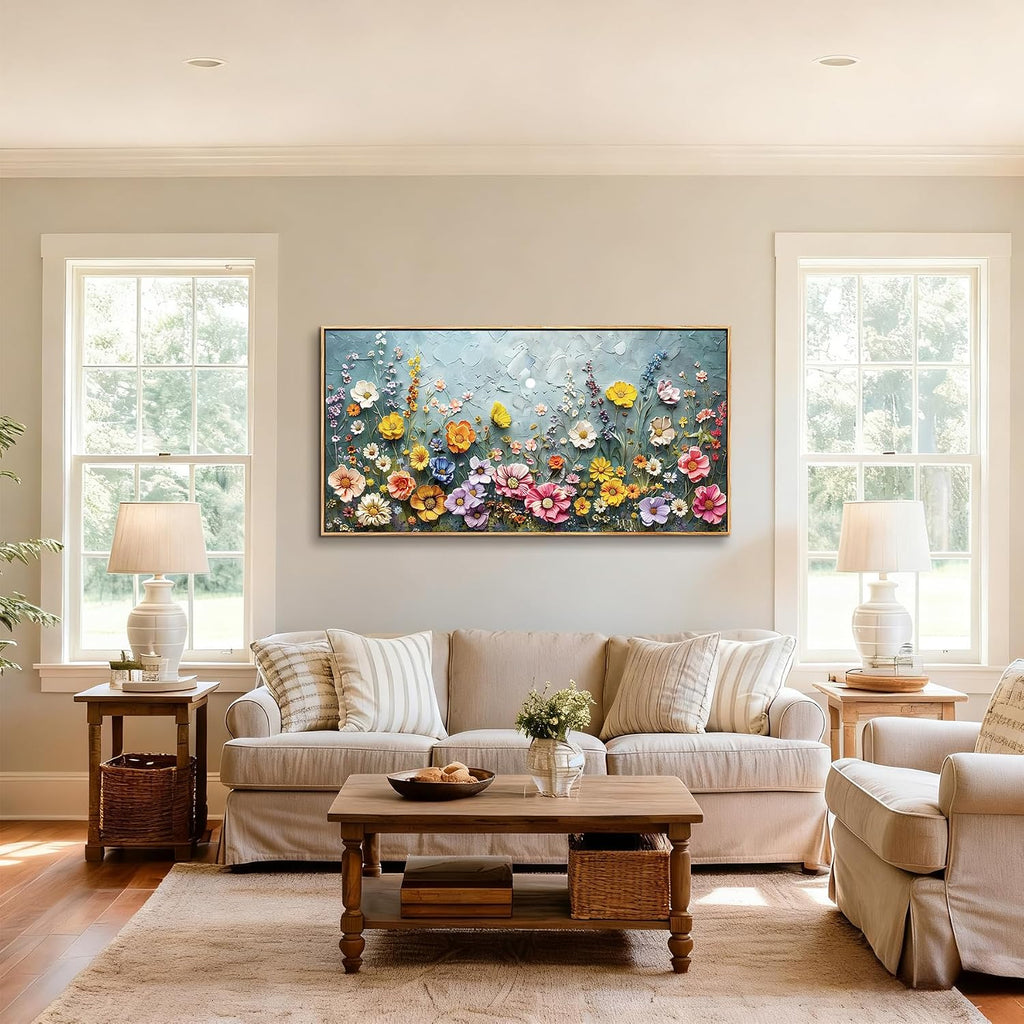 imjiayu Oversized Wall Art, Floral Wall Decor, Framed Wall Art, Colorful Botanical Flower Art Prints, Green Meadow Wildflowers Paintings for Living Room Dining Room Farmhouse Office Hotel 29'x57'
