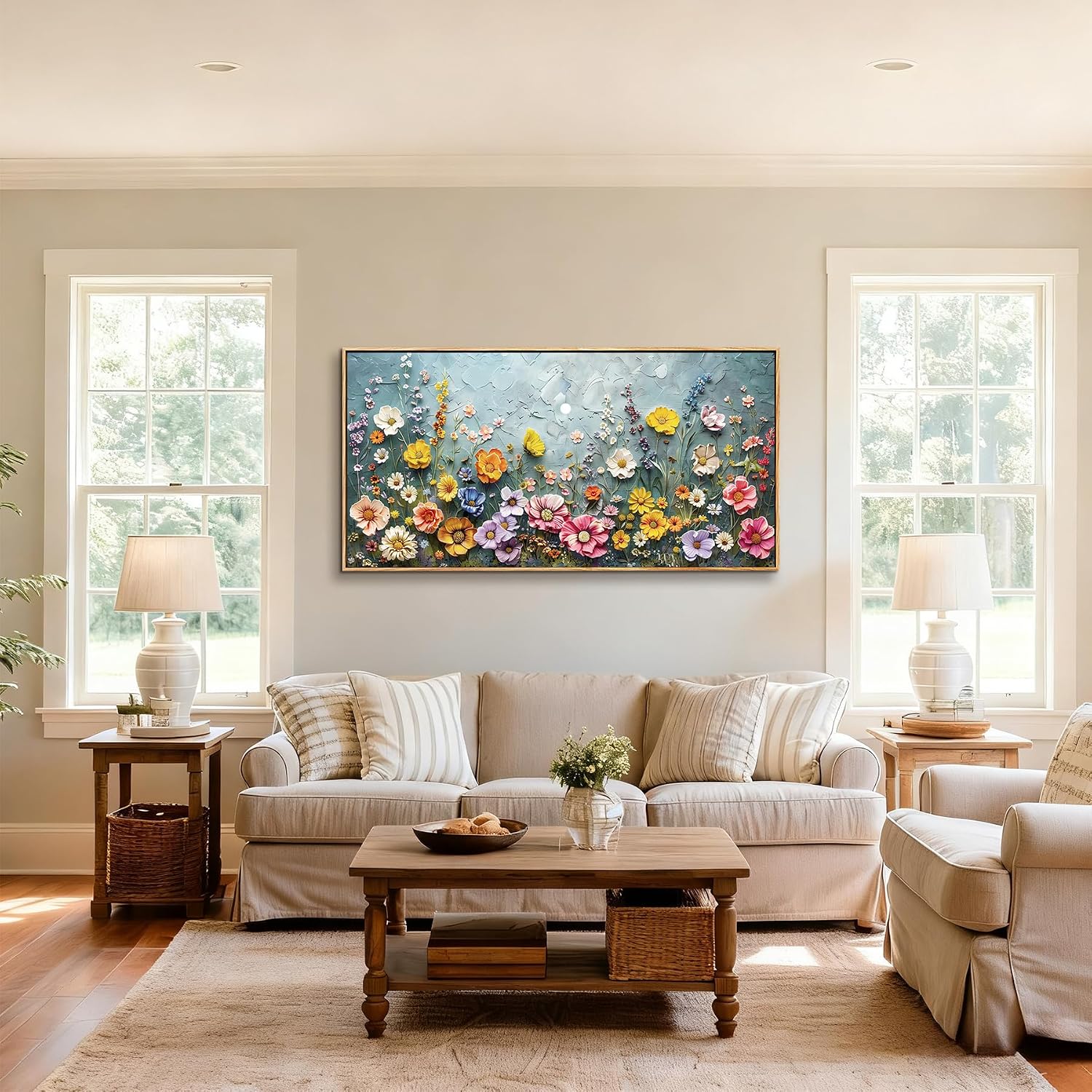 imjiayu Oversized Wall Art, Floral Wall Decor, Framed Wall Art, Colorful Botanical Flower Art Prints, Green Meadow Wildflowers Paintings for Living Room Dining Room Farmhouse Office Hotel 29'x57'