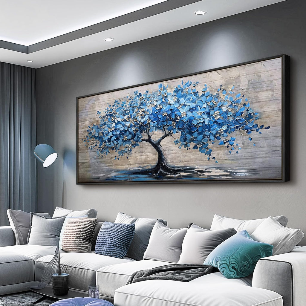ERQINHUA Large Canvas Blue Tree Printed Painting Wall Decor For Living Room Office Wall Art For Bedroom Abstract Farmhouse Restaurant Mural Artwork Picture Home Decoration Black Framed 32x72 In