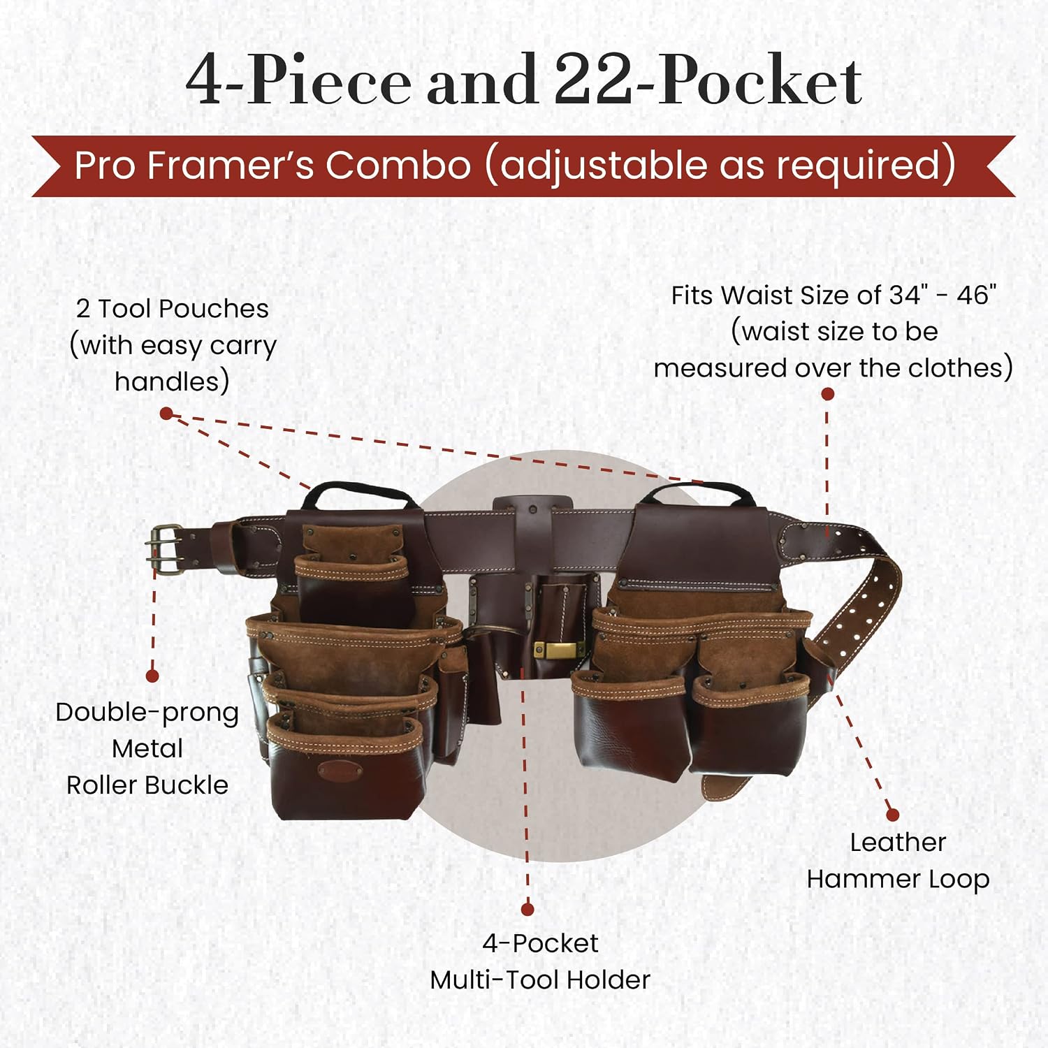 Style n Craft 4-Piece and 22-Pocket Pro Framer's Combo, Tool Belt with 2 Tool Pouches, a 4-Pocket Multi-Tool Holder, and 1 Leather Hammer Loop, Full-Grain Leather Carpenter Tool Belt, Dark Tan (98454)
