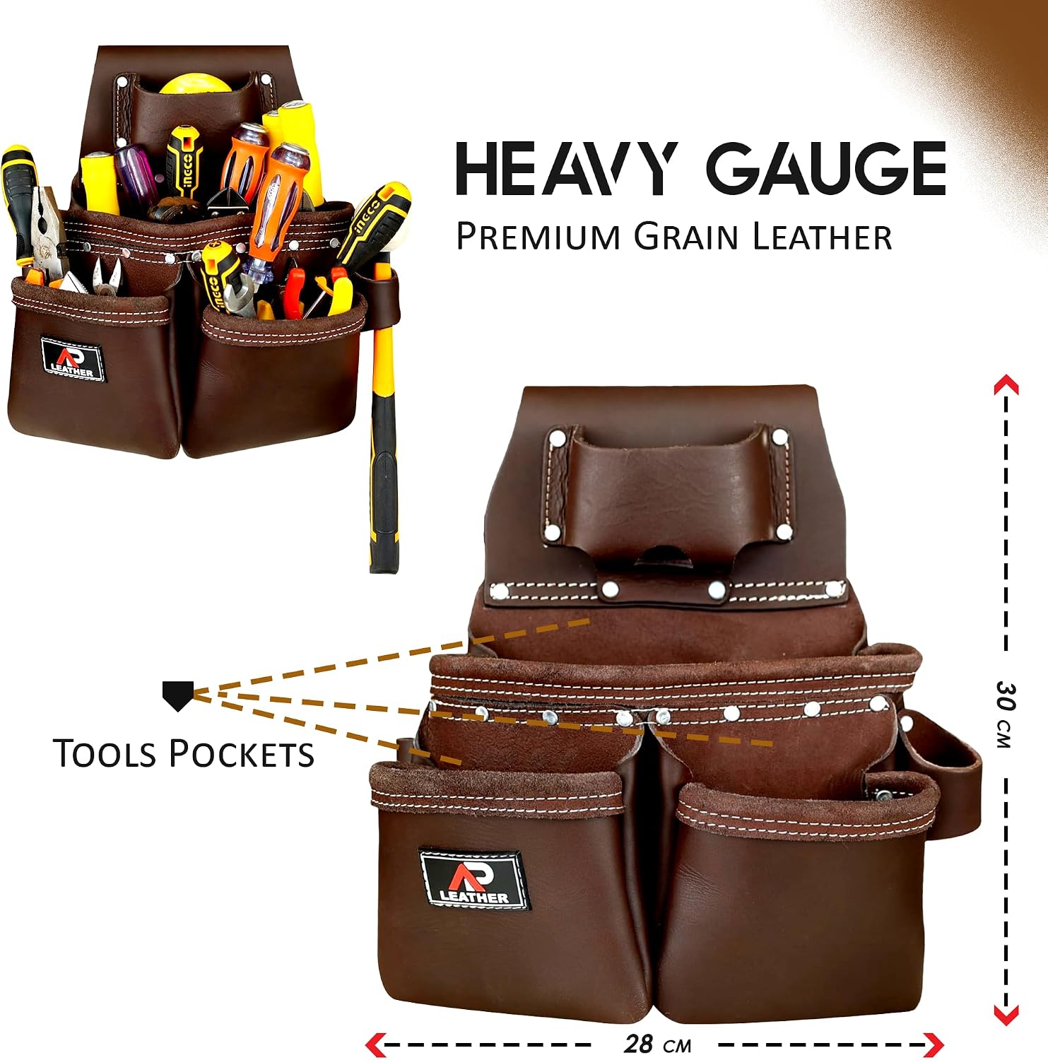 AP-LEATHER PRO-19 100% Genuine Full Grain Leather Tool Belt/Pouch/Bag, tool belt with suspenders, Comfort Back Support Tool Pouches With Suspenders (Chocolate Brown)