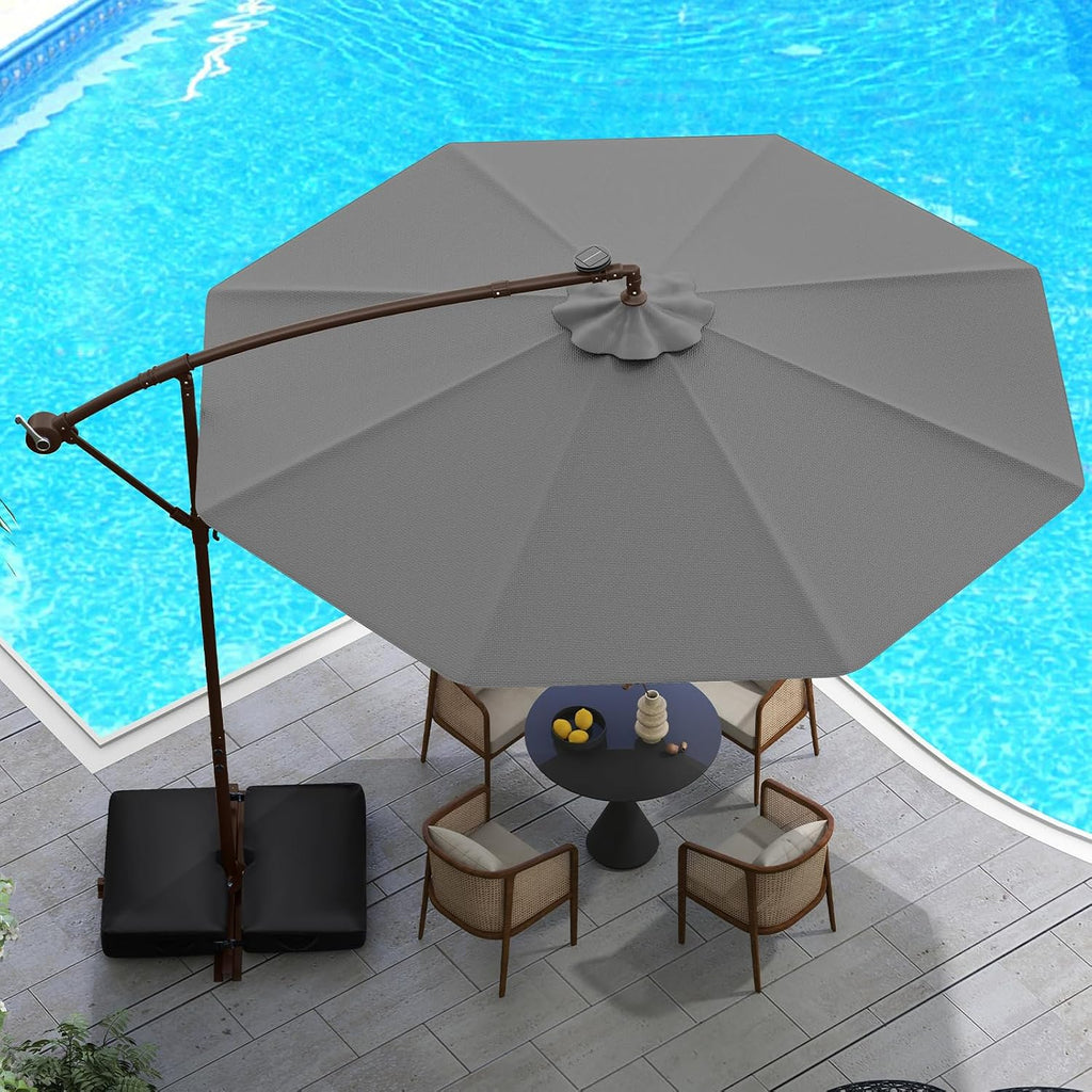 Tangkula 10FT Offset Patio Umbrella with Base Included, Outdoor Cantilever Umbrella with 40 Solar LED Lights, Tilt Adjustment, Crank Handle, Vented Top, Sand Bags for Pool Yard Deck (Gray)