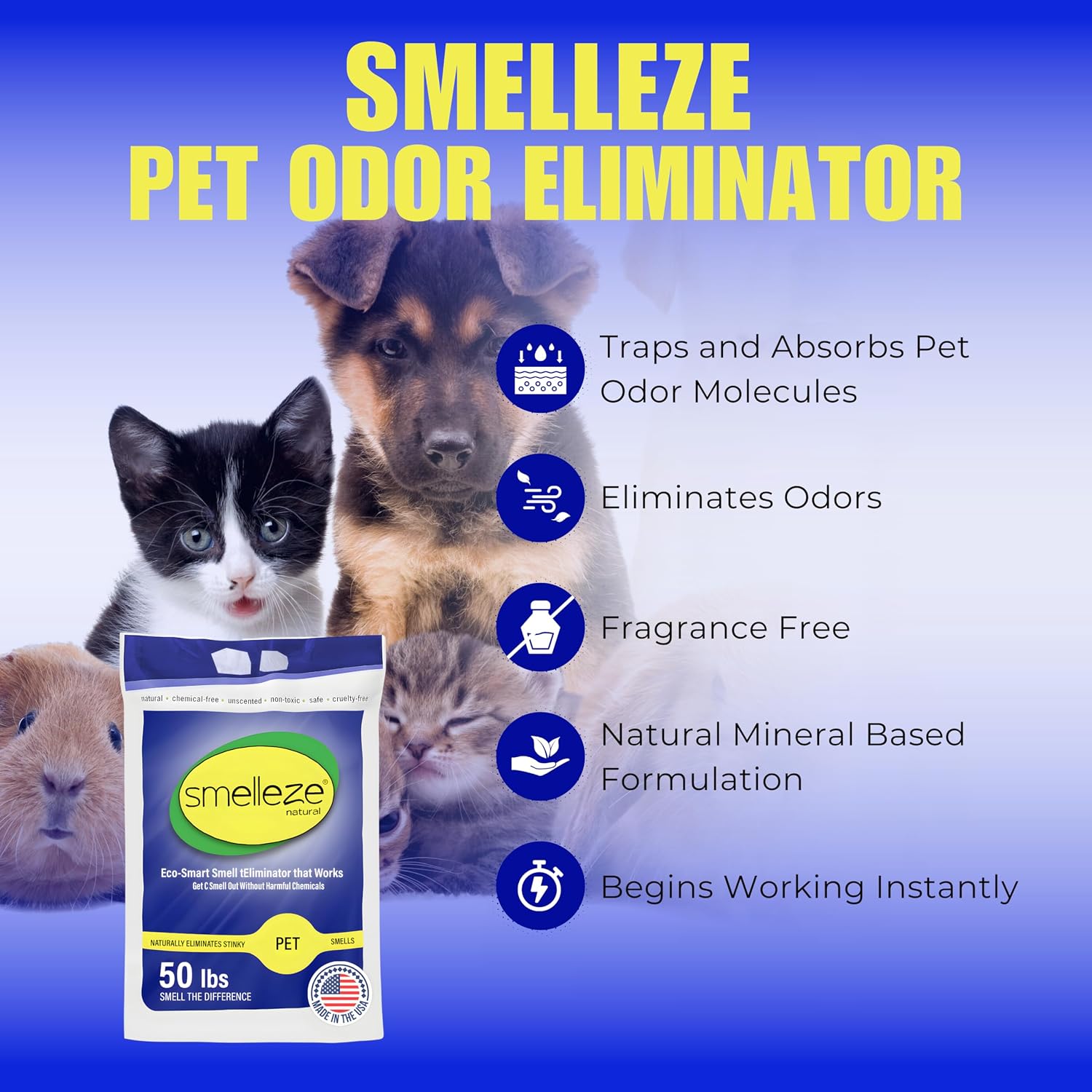 SMELLEZE Natural Pet Odor Eliminator Deodorizer: 50 lb. Unscented Granules Rids Strong Pet Waste Stench. Perfect for Pet or Small Animal Habitats. Mix with Bedding