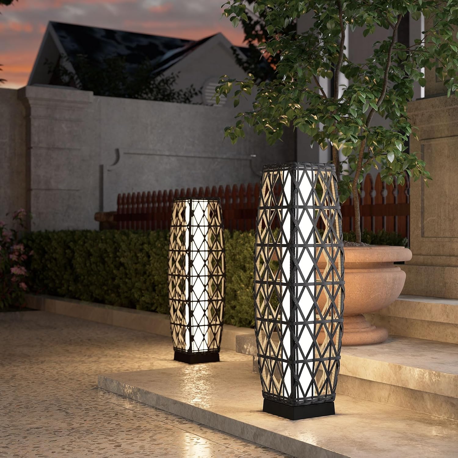 Grand patio 2-Piece Solar Outdoor Floor Lamp Solar Powered Wicker Lantern Outdoor Weather-Resistant Deck Light for Garden Porch Yard-Silver Gray, Large Cindy