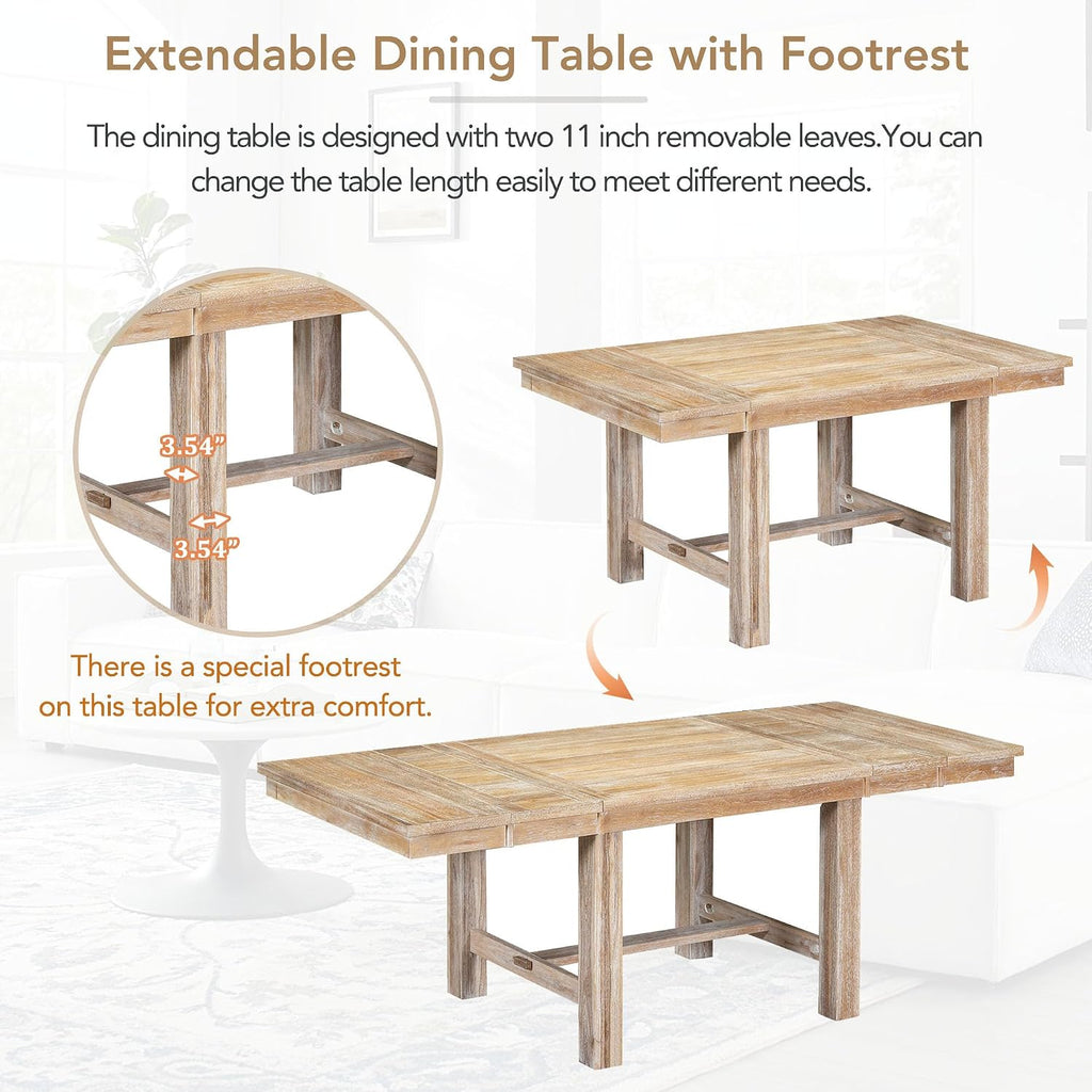 Farmhouse 6-Piece Extendable Dining Room Table Sets, Acacia Wood 82'' Dining Table with 2 Removable Leaf and Upholstered Dining Chairs& Bench, Soft Cushion with Rivet (Natural+Be)
