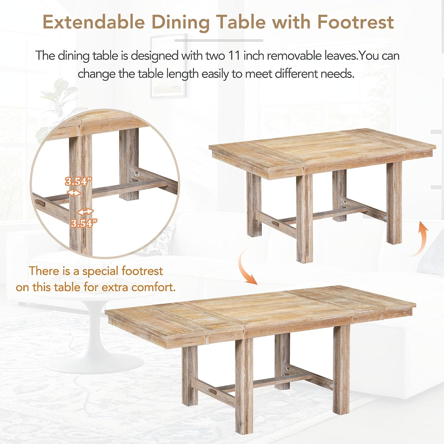 Farmhouse 6-Piece Extendable Dining Room Table Sets, Acacia Wood 82'' Dining Table with 2 Removable Leaf and Upholstered Dining Chairs& Bench, Soft Cushion with Rivet (Natural+Be)