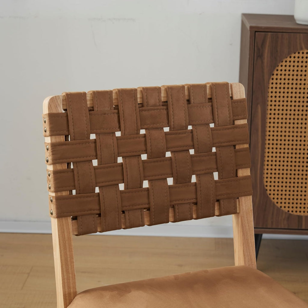 VINGLI Brown Woven Wooden Dining Chairs Set of 2,Armless Mid Century Modern Desk Chairs with Rivet&Foot Pegs,Upholstered Farmhouse Comfy Chair No Wheels for Dining Room,Living Room,Kitchen,Oak,Suede
