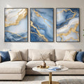 Large Framed Abstract Wall Art for Living Room, Modern Luxury 3 Piece Blue Gold White Prints Paintings for Walls, Elegant Marble Pattern Pictures for Dining Bedroom Hallway Office Home Decor 24x36 In