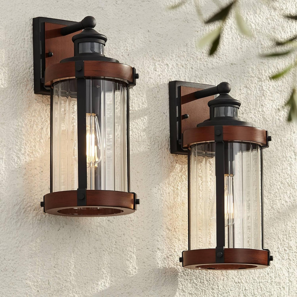 John Timberland Stan Industrial Outdoor Wall Light Fixtures Set of 2 Dark Faux Wood Black Metal Motion Sensor 15 1/2' Clear Glass for Cottage Core Post Exterior Barn Deck House Porch Yard Garage